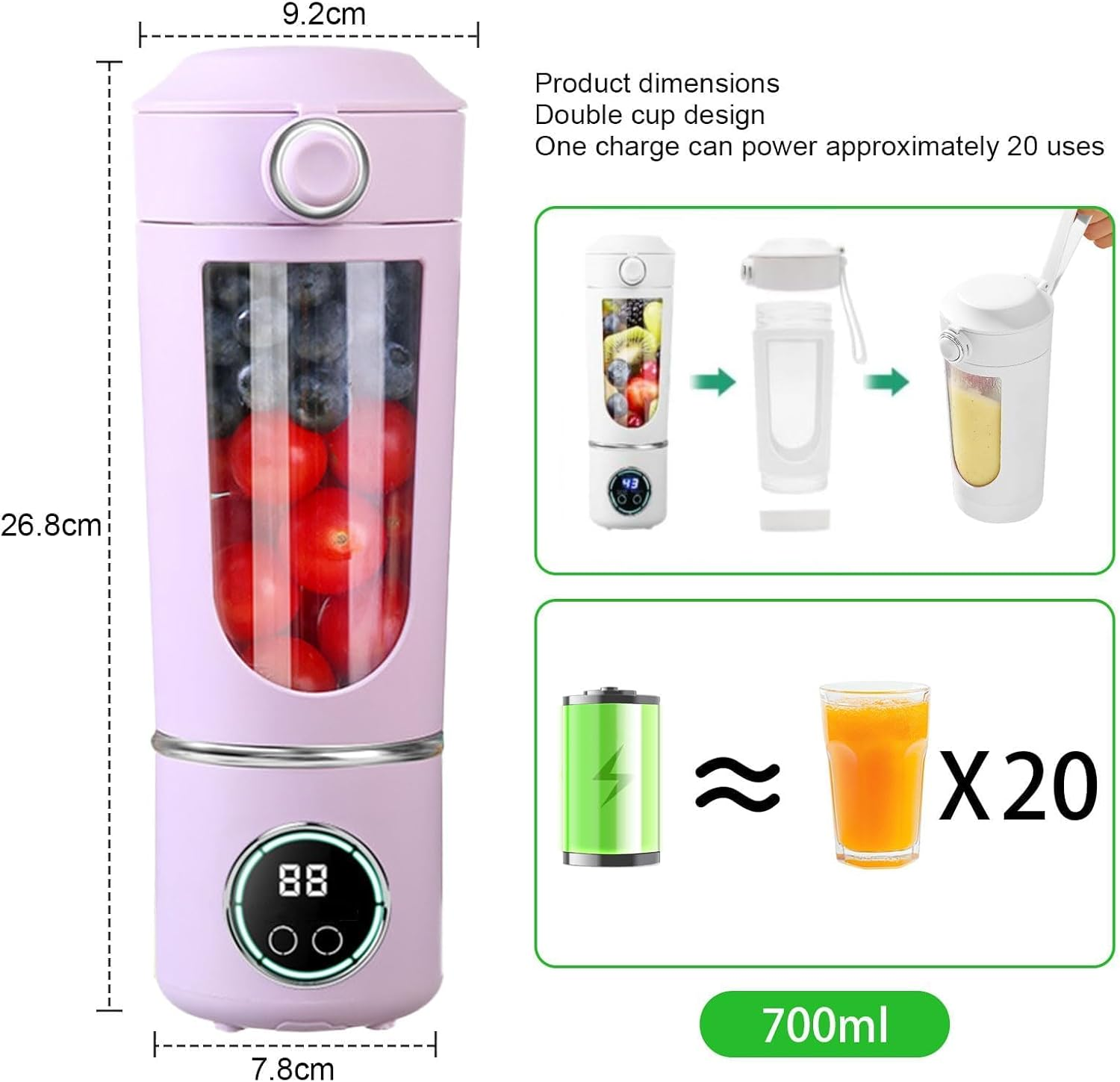 Lila Mixer mit Früchten, weißer Mixer im Gebrauch, Batterie und Saft. Kapazität 700ml.