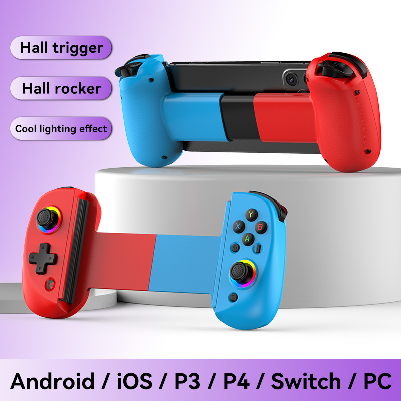 Zwei Controller-Griffe in Rot und Blau mit einem Smartphone dazwischen.