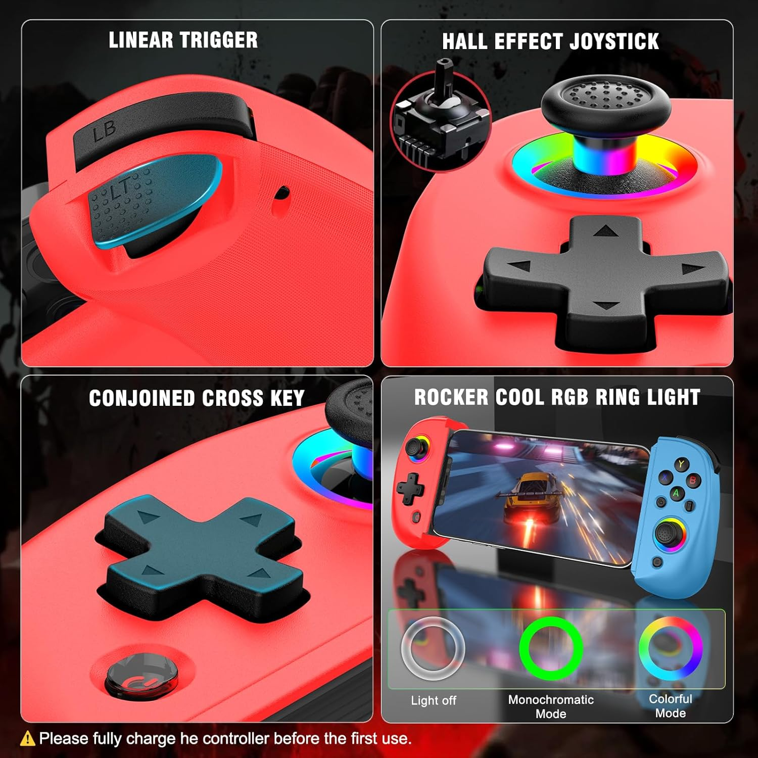 Rote Controller-Details: Trigger, Joystick, Steuerkreuz und RGB-Ringlicht-Modi.