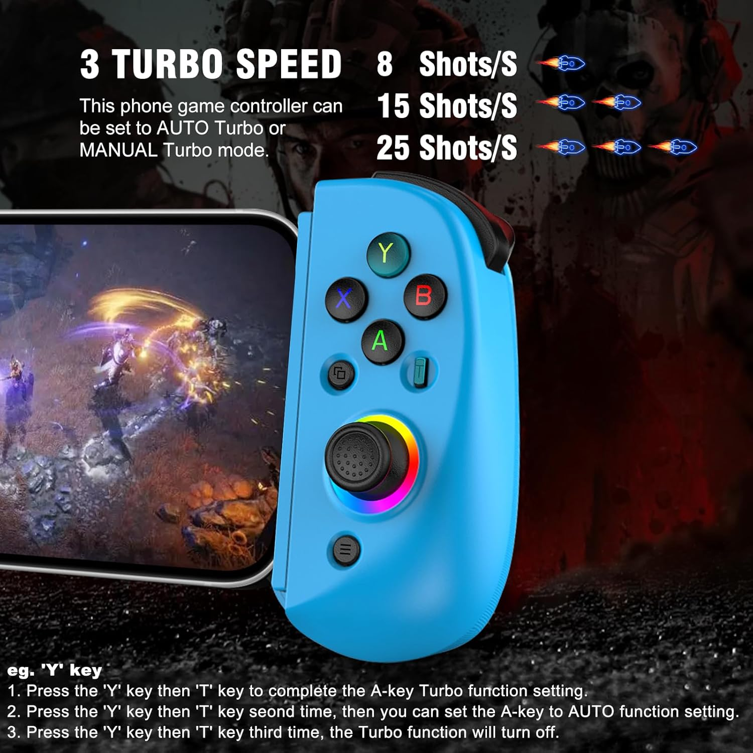 Blauer Controller neben Handy mit Spiel. Turbo-Geschwindigkeiten 8, 15, 25 Schuss/Sek.