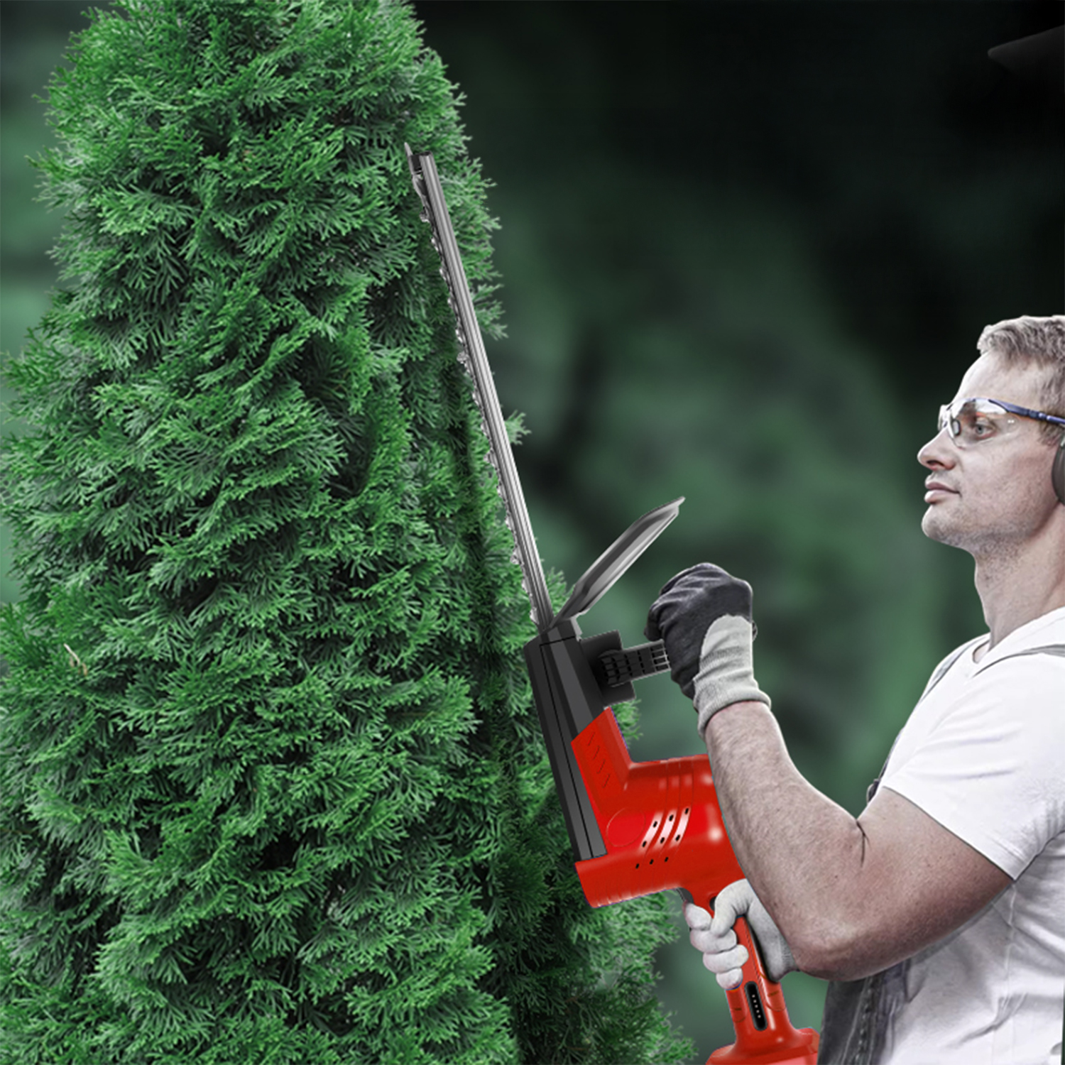 Un hombre recorta un arbusto verde con una cortasetos roja.