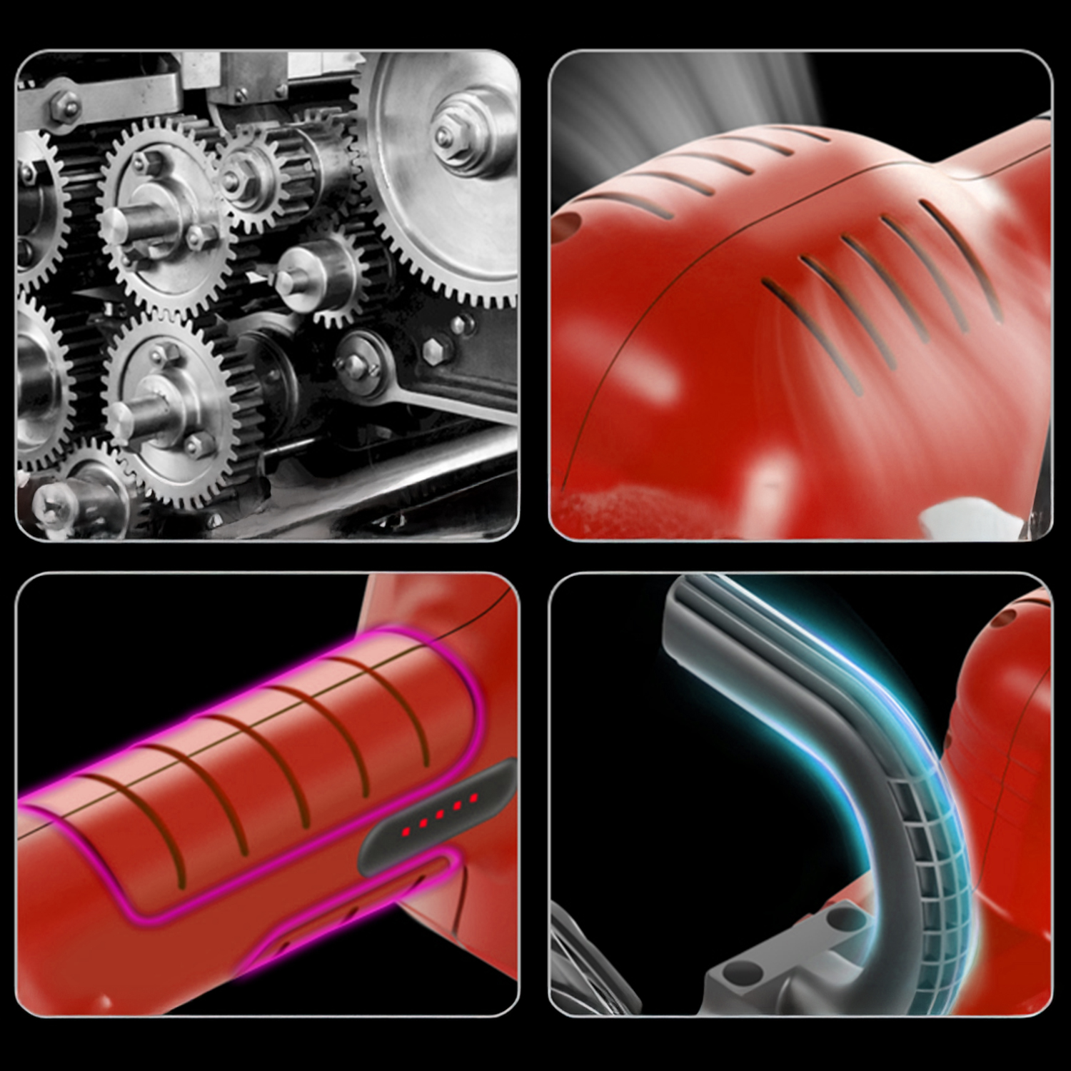 Cuatro primeros planos de piezas de máquina: engranajes, carcasa roja con rejillas, elemento rojo con espirales.