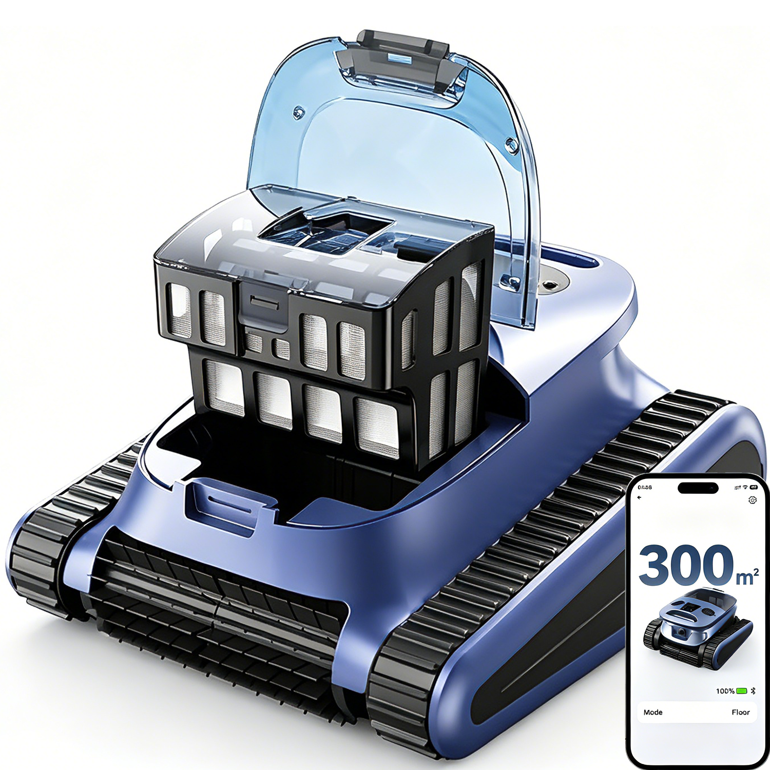 Robot de piscina azul con tapa abierta, dos filtros y teléfono inteligente.