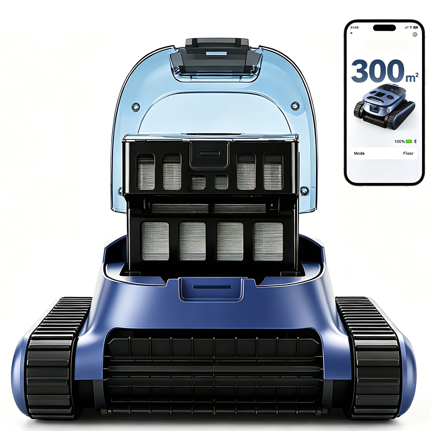 Un robot de piscina azul con la tapa abierta, que muestra dos filtros. A su lado hay un smartphone.