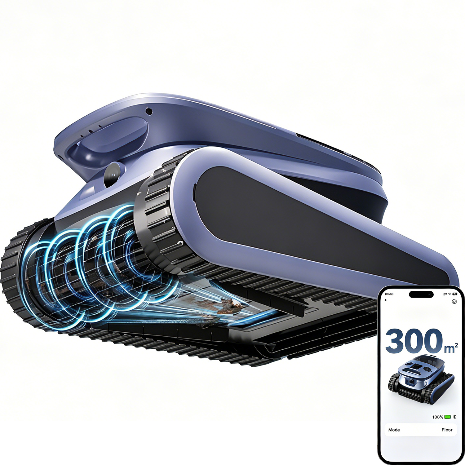 Un robot de piscina azul con orugas y una app de móvil que muestra 300m².