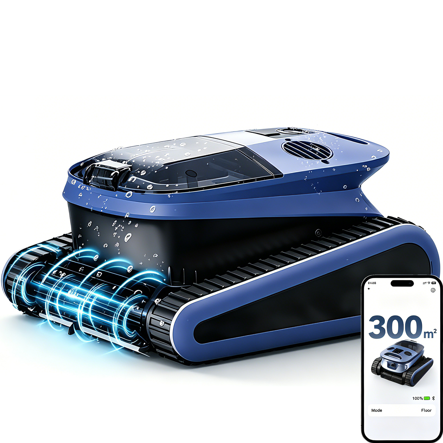 Un robot cortacésped azul con orugas sobre fondo blanco, junto a un smartphone.