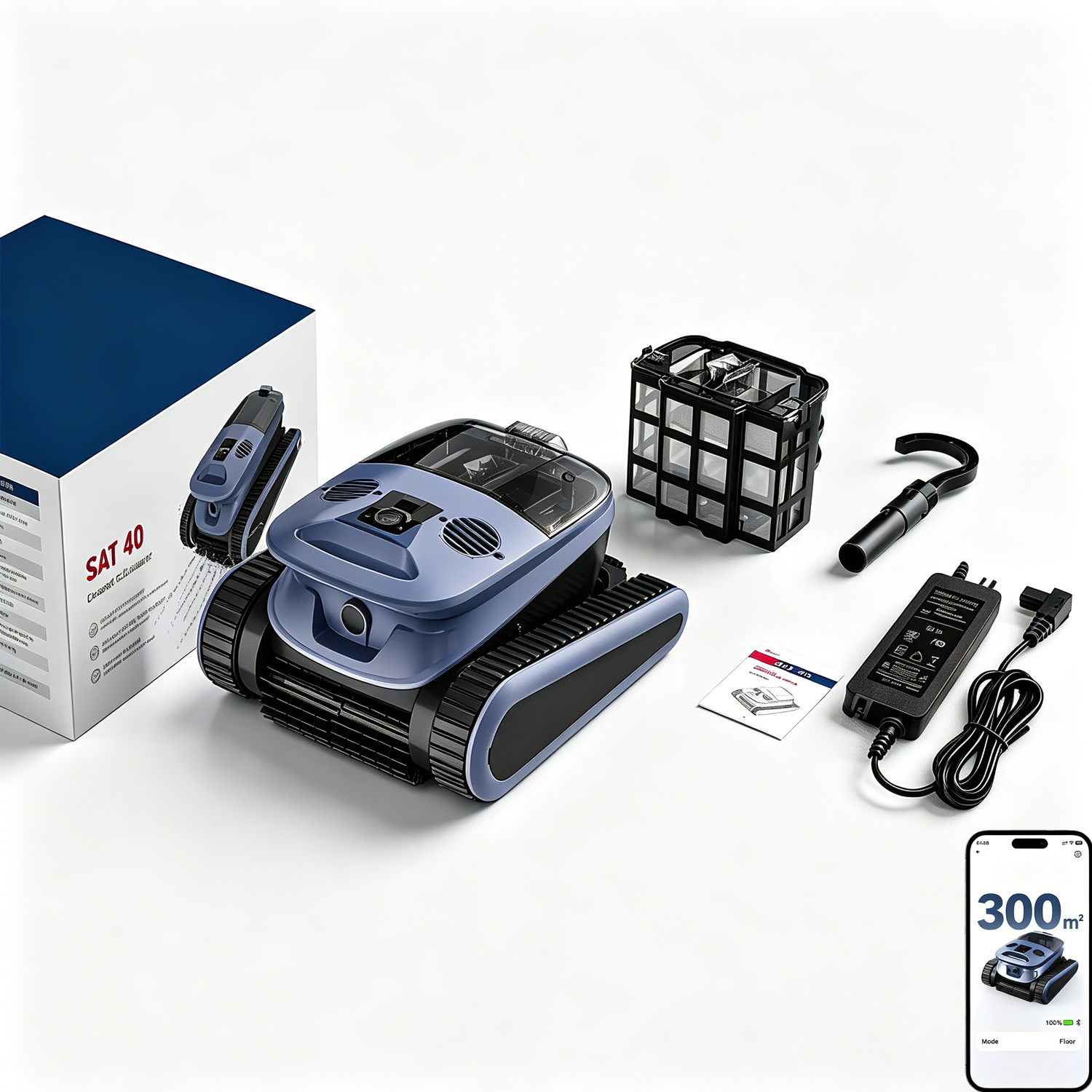 Un robot de piscina azul con accesorios, incluyendo cesta de filtro, gancho y cargador.
