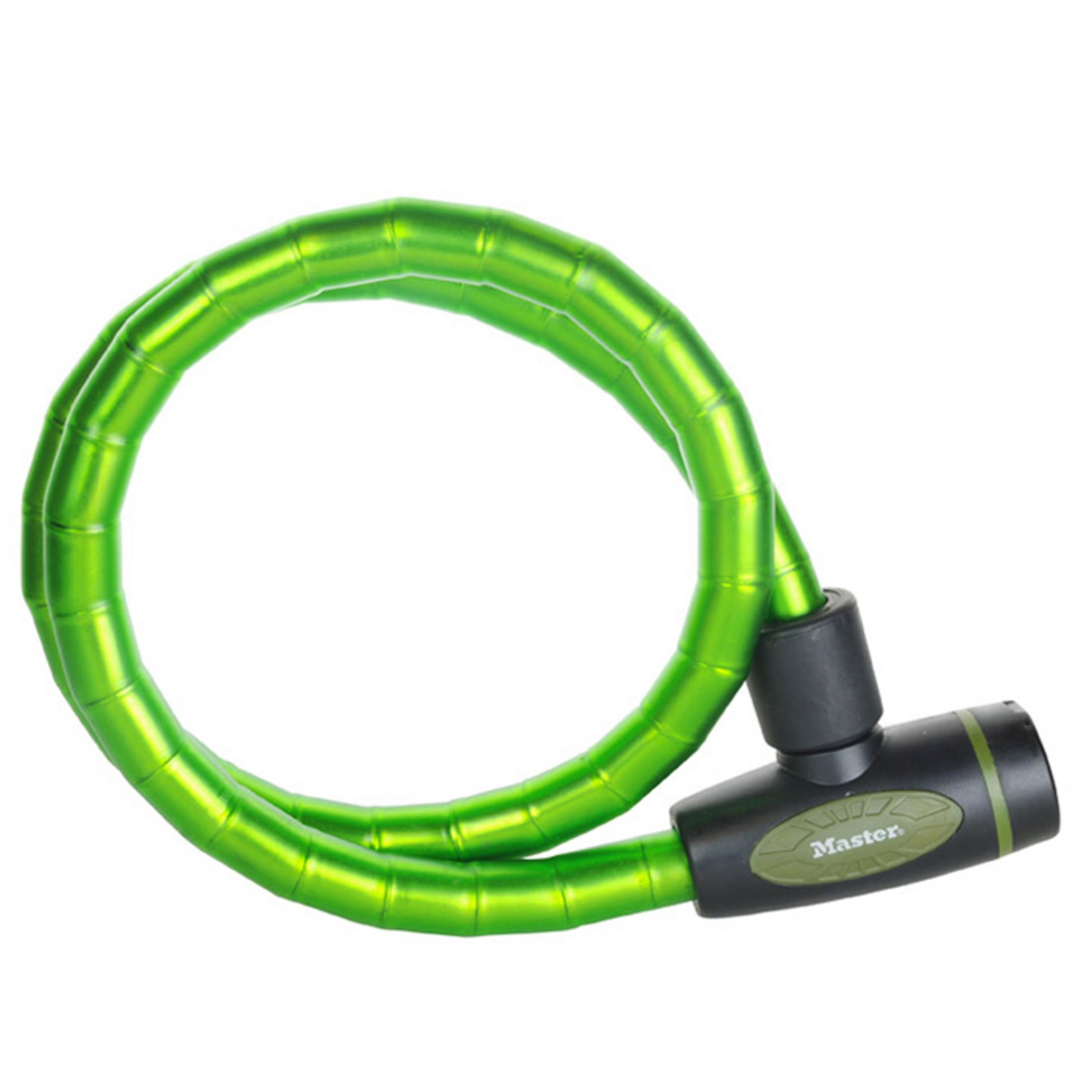 Un lucchetto per bicicletta verde brillante con manico nero e logo "Master".
