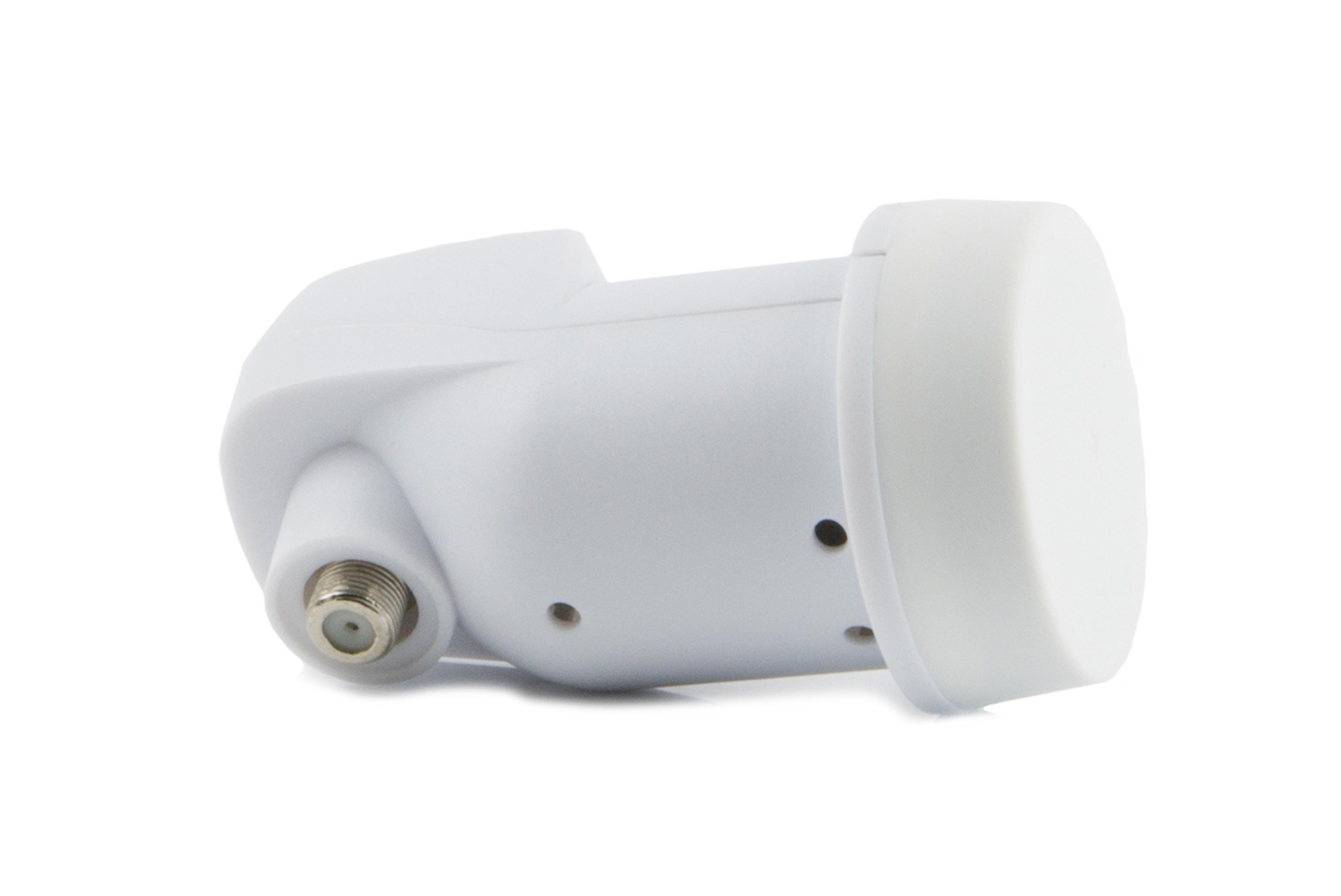 Ein weißer LNB für Satellitenschüsseln mit silbernem Anschluss.