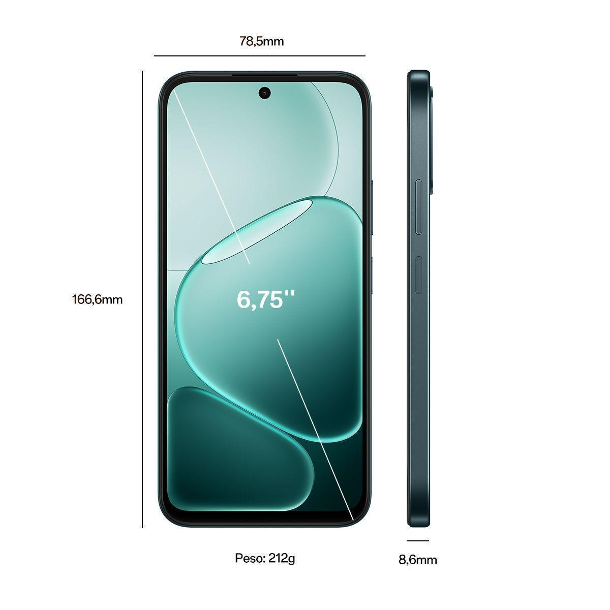 Un smartphone oscuro de 6,75 pulgadas, 166,6 mm de alto, 78,5 mm de ancho, 8,6 mm de grosor, 212g.