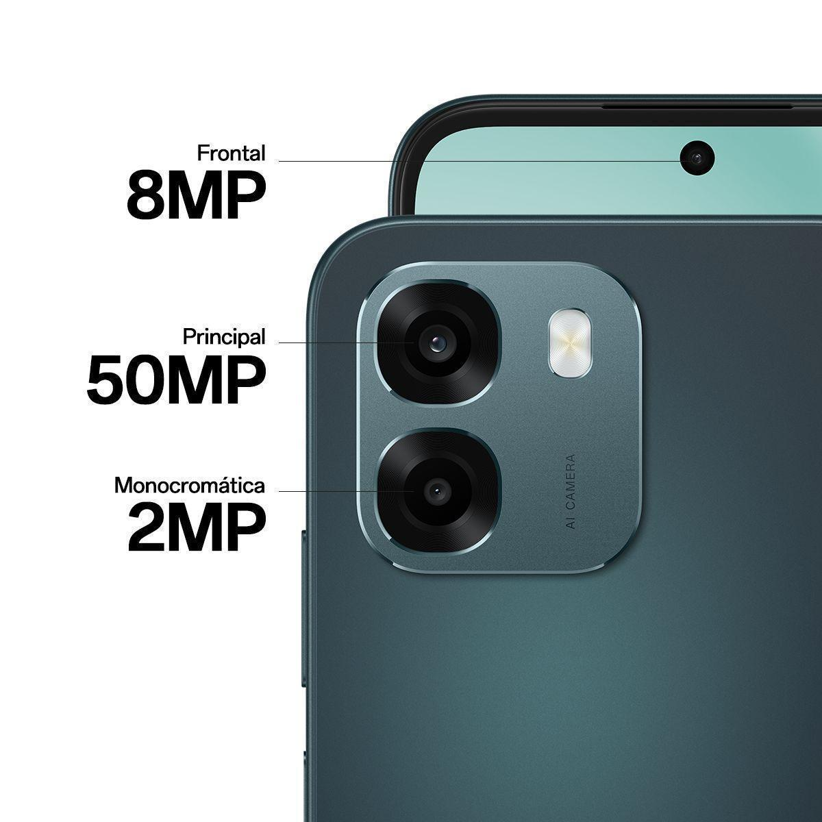 Parte trasera de un smartphone oscuro mostrando tres cámaras: frontal 8MP, principal 50MP, mono 2MP.