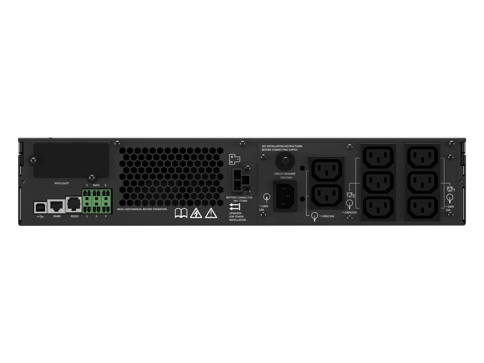 Rückseite eines schwarzen Geräts mit Anschlüssen wie RS485, RS232, Intellislot und mehreren Steckdosen.