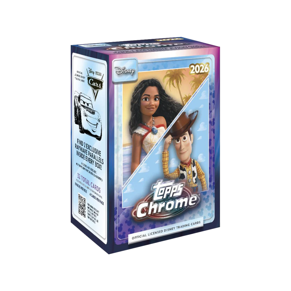 Box mit Disney Cars, Moana und Woody Trading Cards, Jahr 2026.