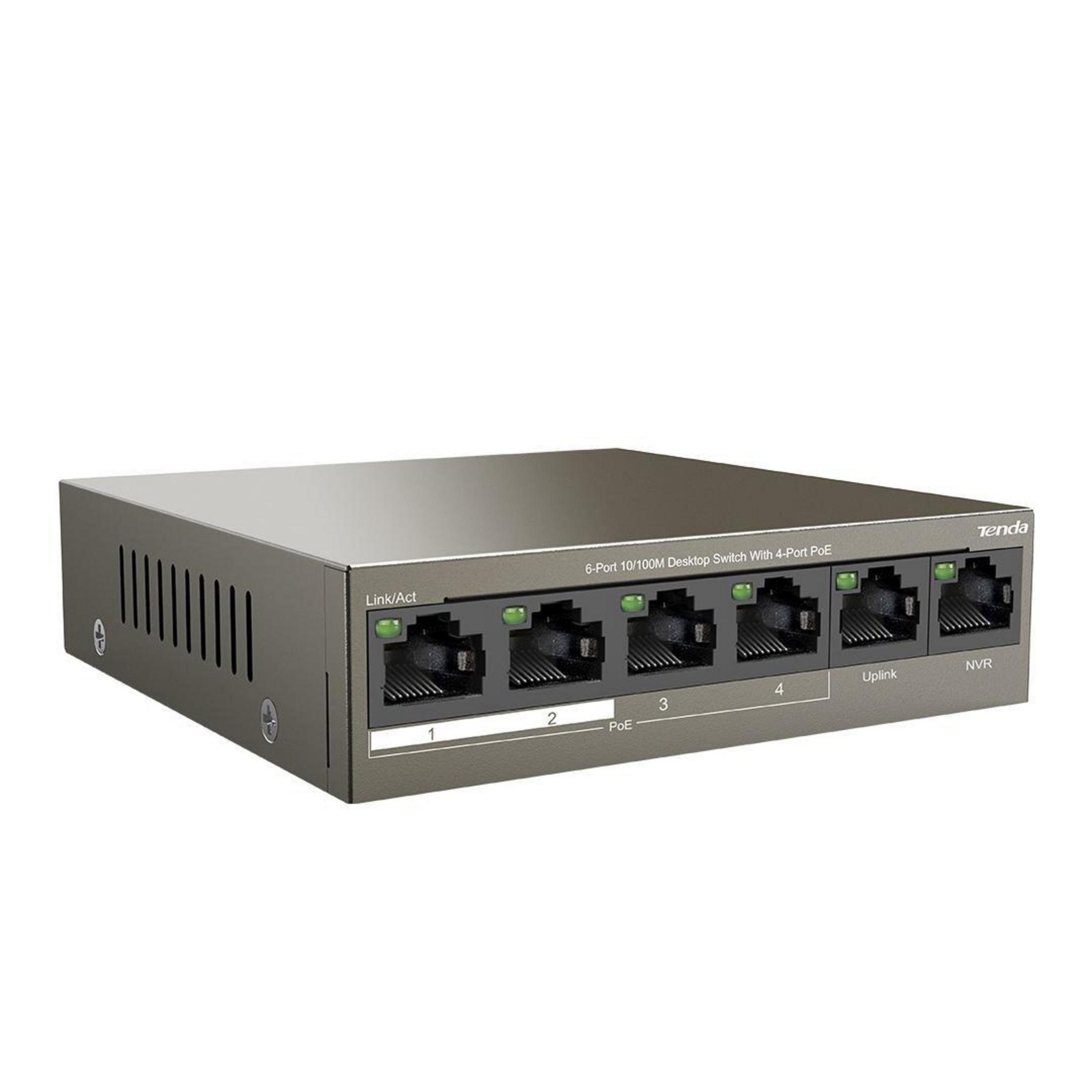 Grauer Tenda PoE-Switch mit 6 Ports, 4 mit PoE, für Desktop-Nutzung.