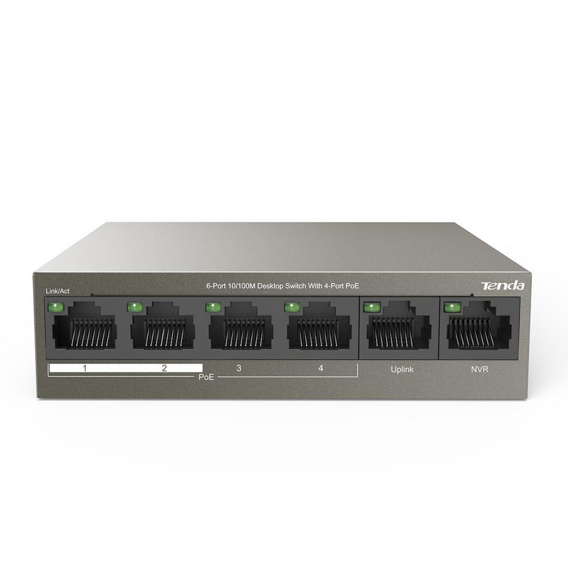 Ein grauer Tenda 6-Port 10/100M Desktop-Switch mit 4 PoE-Ports.