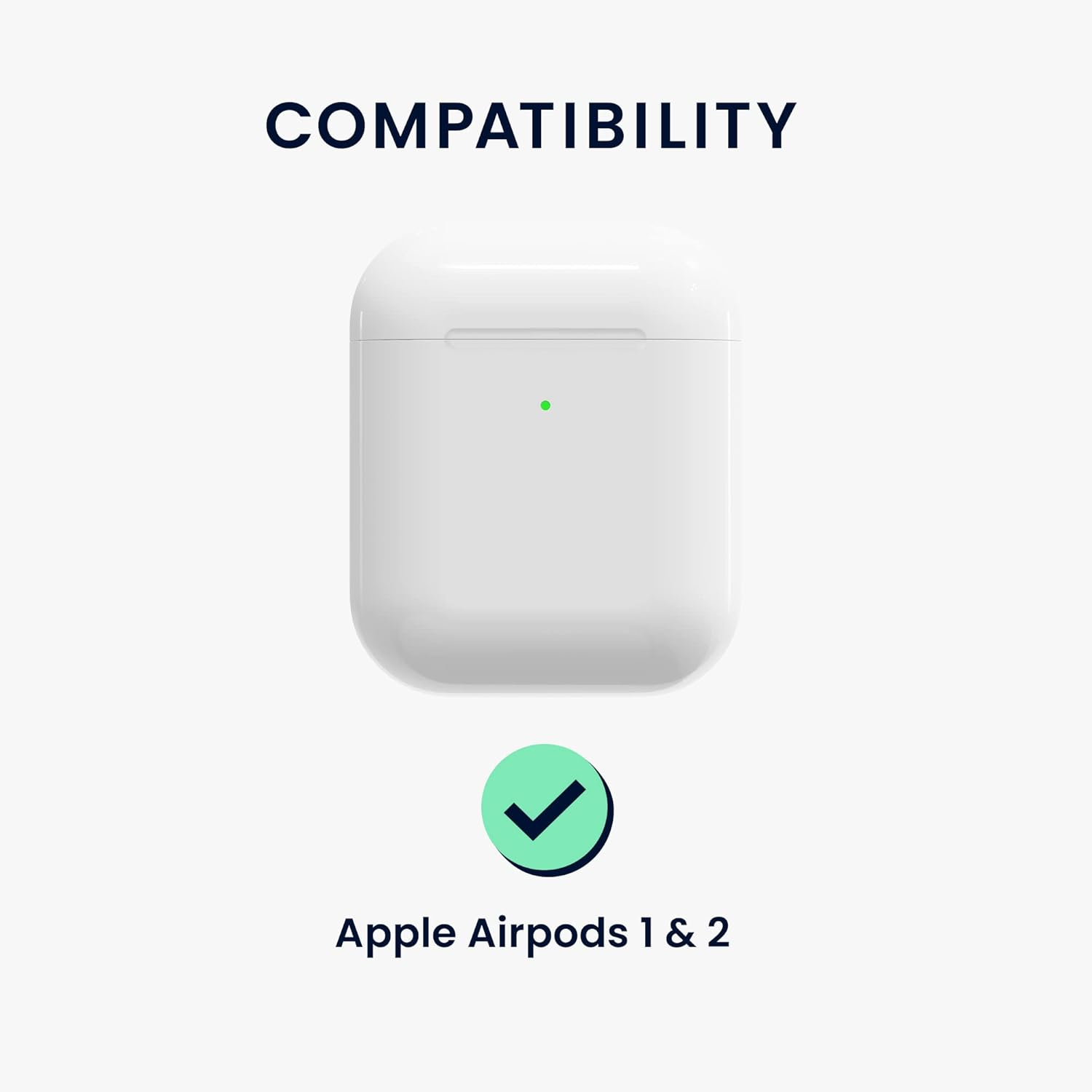 Weiße Ladehülle für Apple AirPods 1 & 2 mit grünem Häkchen.