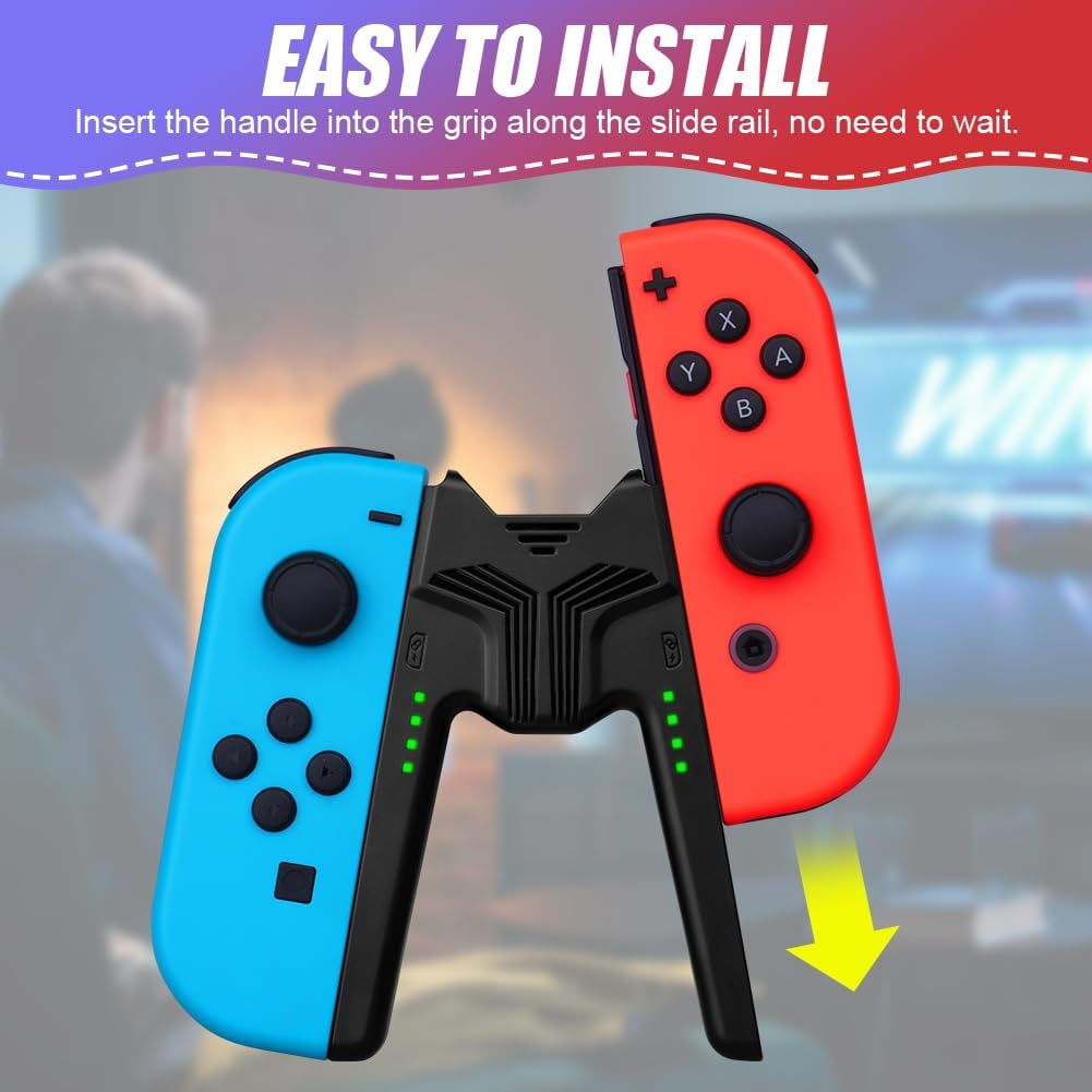 Blaue und rote Controller an einem schwarzen Griff mit grünen Indikatorleuchten.