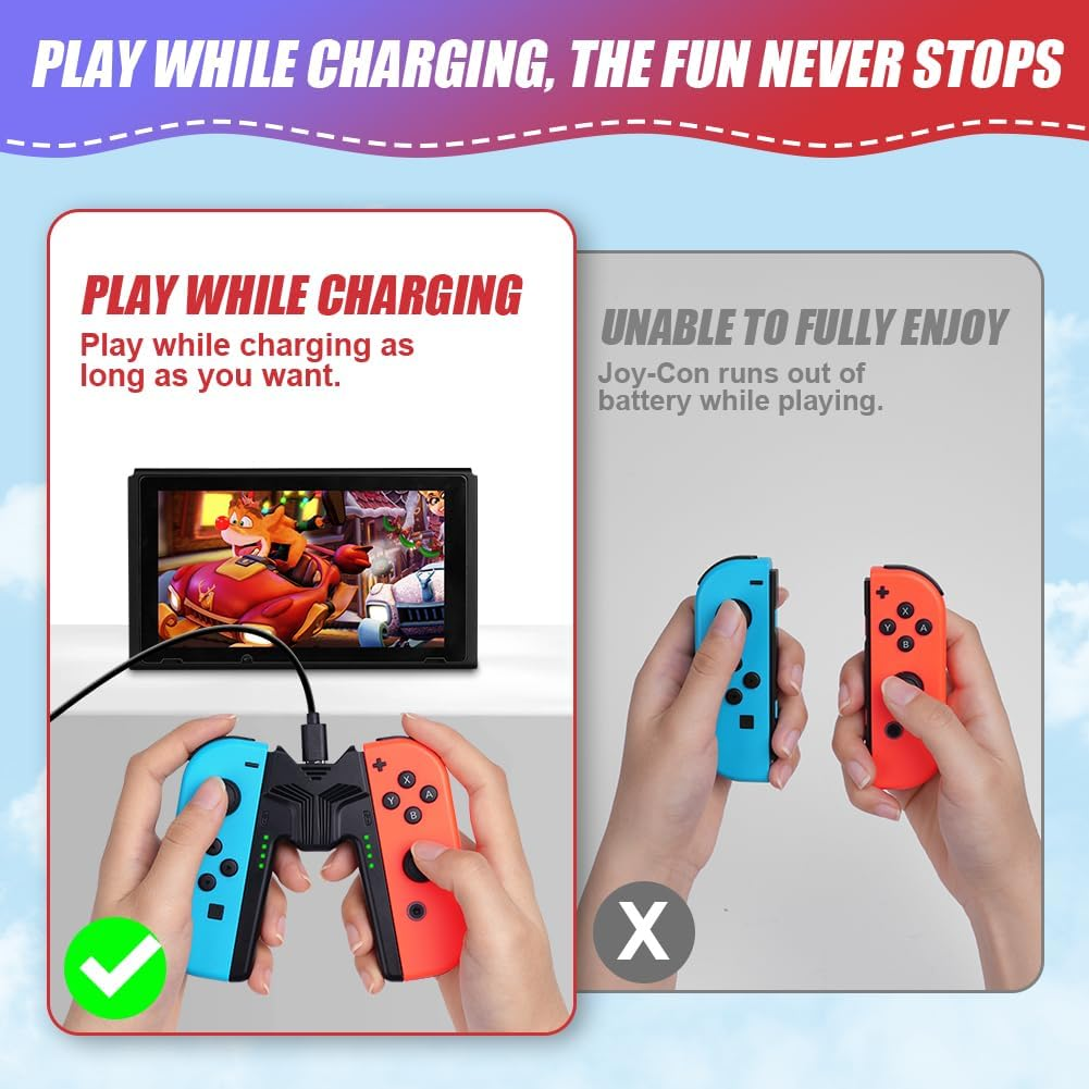 Ein Nintendo Switch wird aufgeladen, während er mit Controllern benutzt wird.