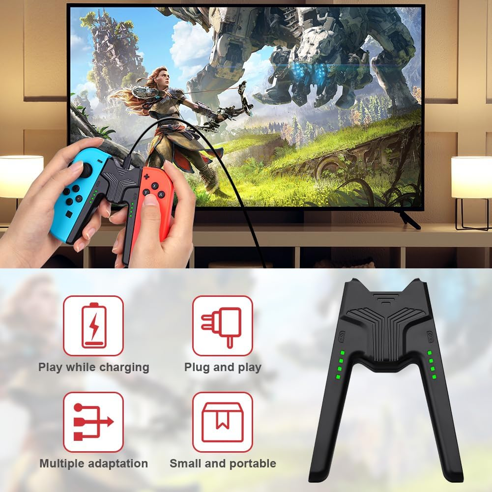 Spieler hält Joy-Cons vor einem Fernsehbildschirm, der ein Videospiel zeigt.