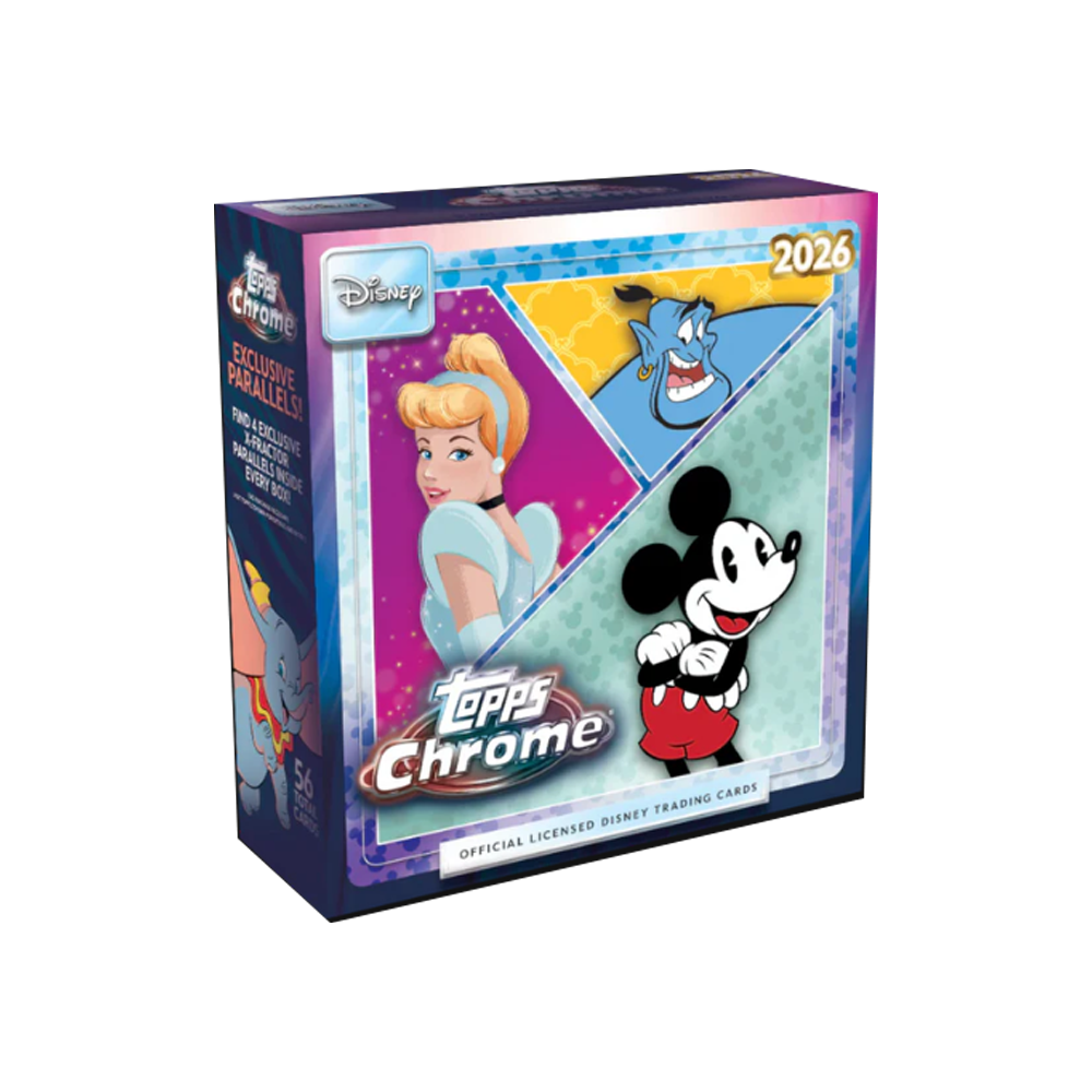 Disney Topps Chrome Sammelkartenbox mit Micky Maus, Cinderella und Dschinni.