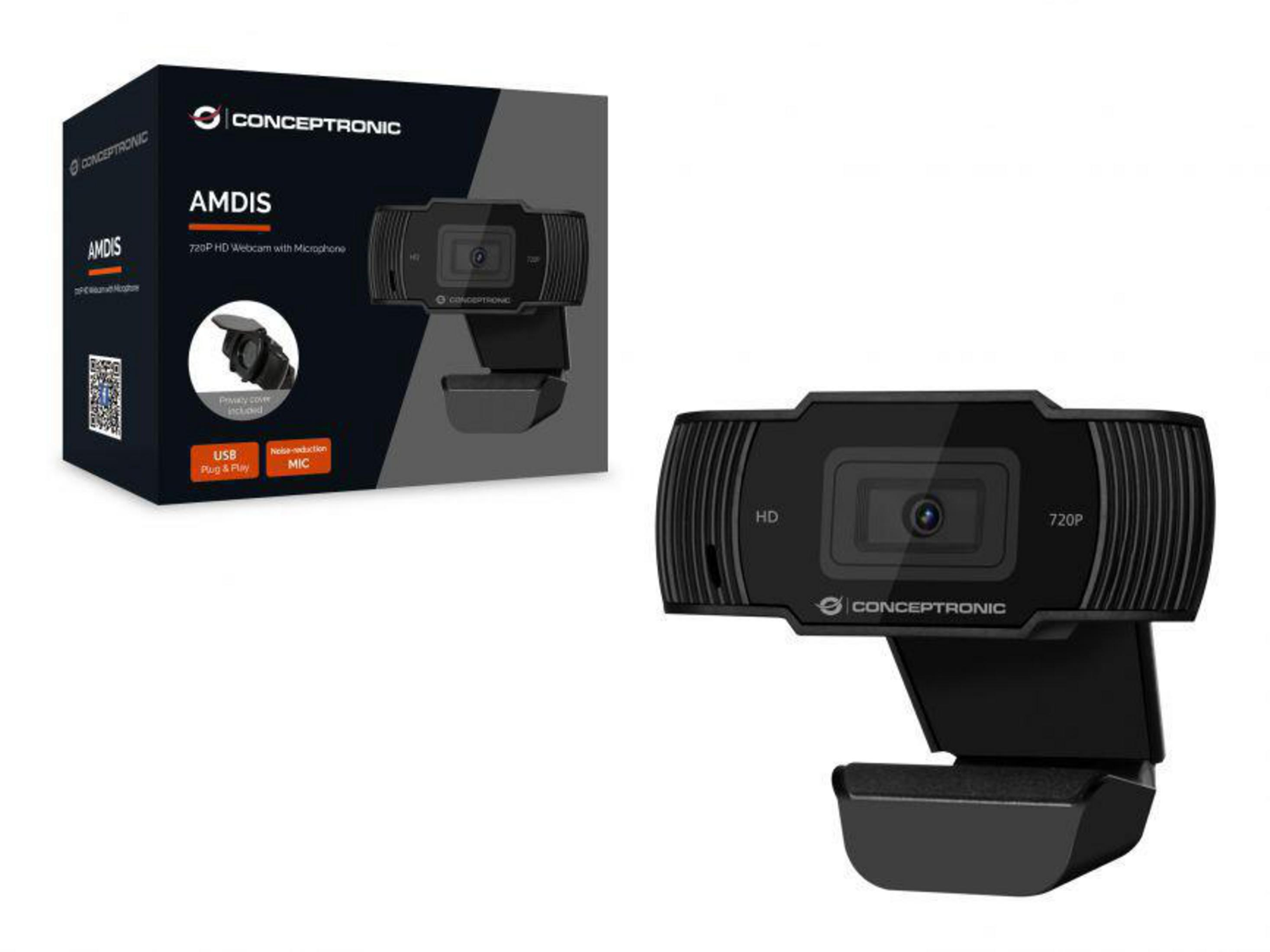 Webcam HD Conceptronic AMDIS 720p nera con microfono e confezione.