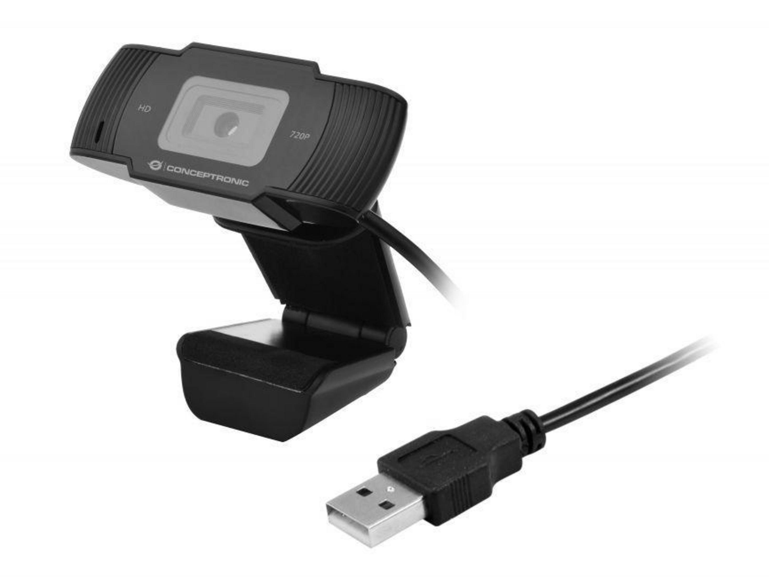 Una webcam HD 720p nera con cavo USB su sfondo bianco.