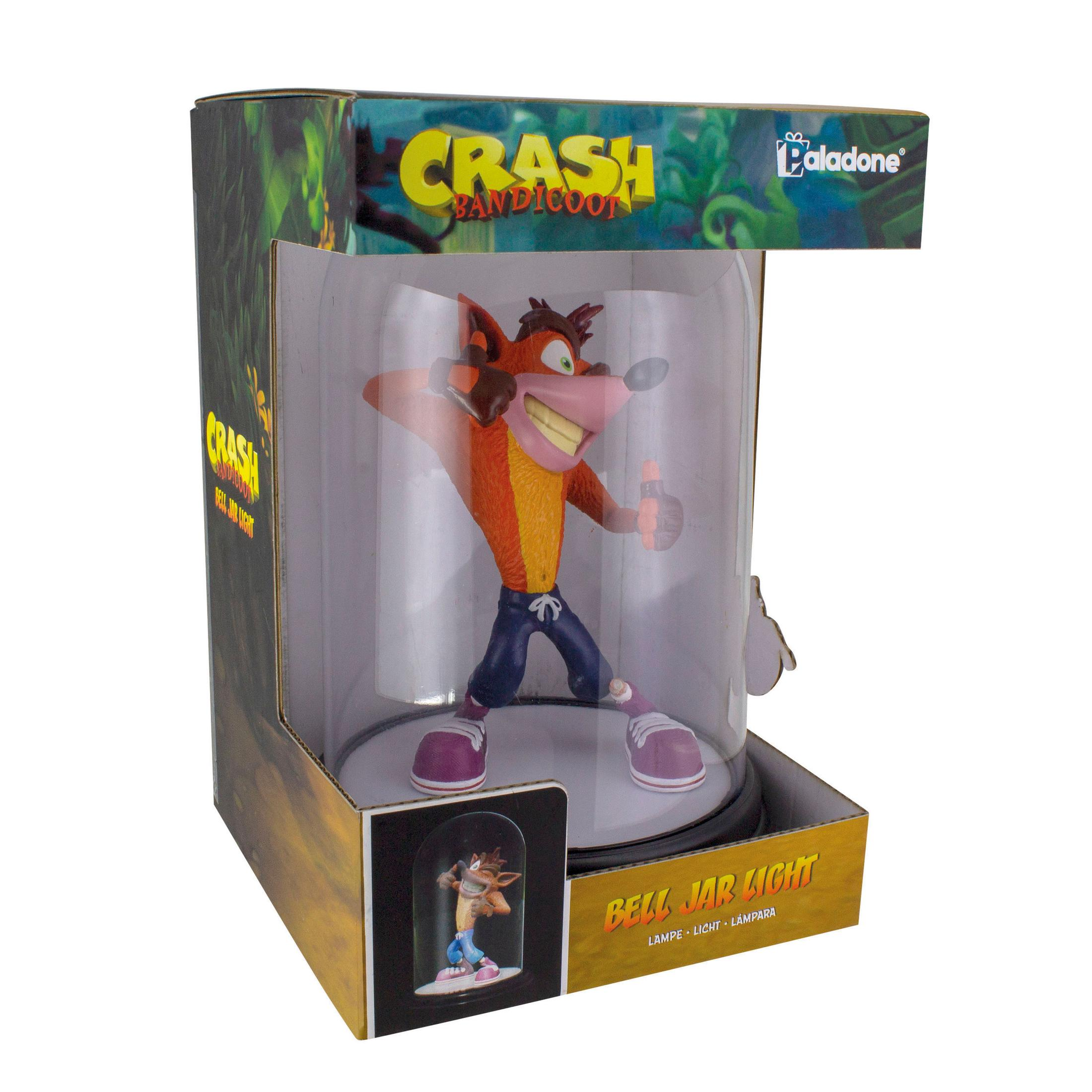 Crash Bandicoot Bell Jar Light in seiner Verpackung.