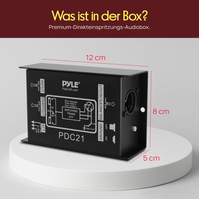 Schwarze Pyle PDC21 Audiobox mit Anschlüssen, Maßen 12x8x5cm.