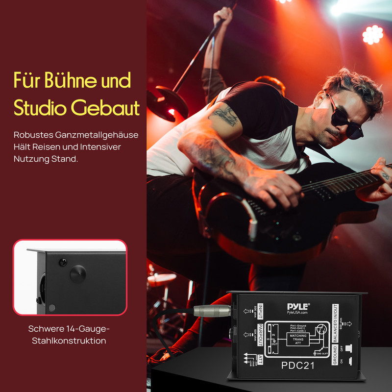 Ein Mann spielt E-Gitarre auf einer Bühne, mit einem Audiogerät im Vordergrund.