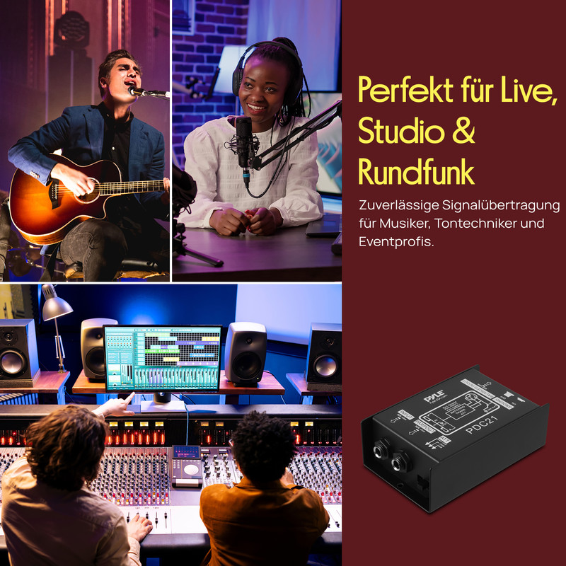 Collage: Mann spielt Gitarre, Frau am Mikrofon, Tonstudio, Audiogerät.