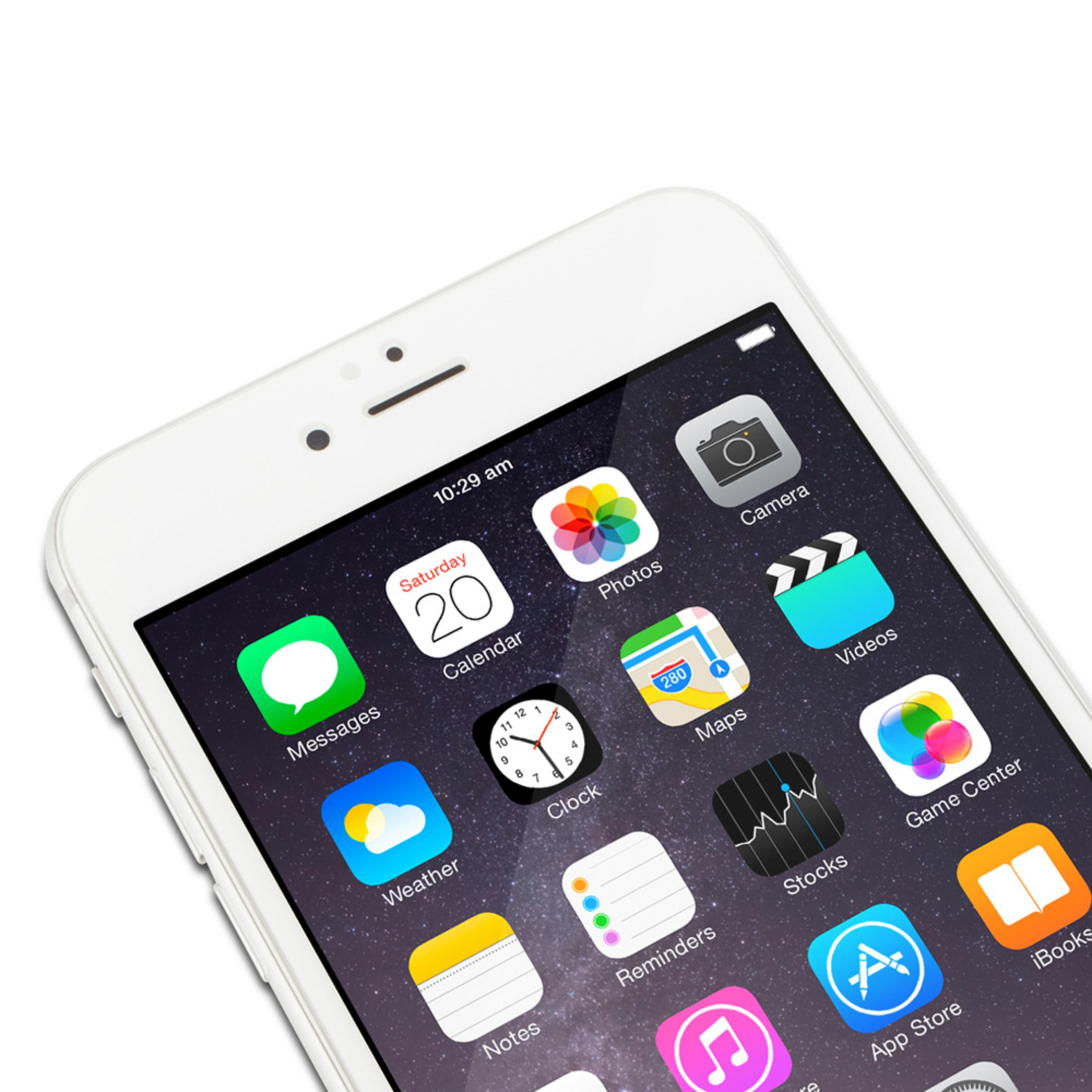 Un iPhone bianco mostra la schermata principale con varie icone di app su sfondo scuro.
