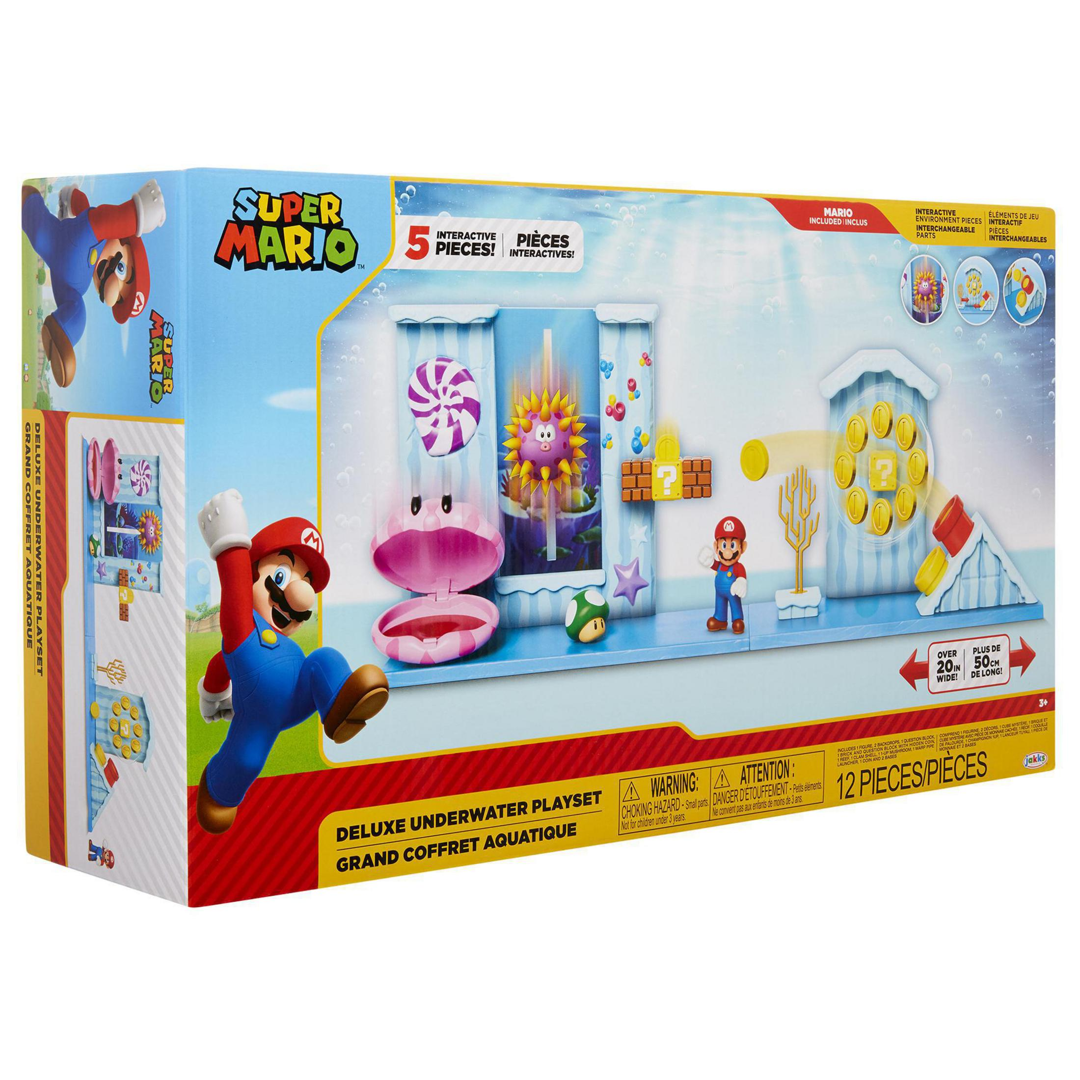 Super Mario Deluxe Unterwasser Spielset mit Mario, Muschel, Pilz und Münzrad.