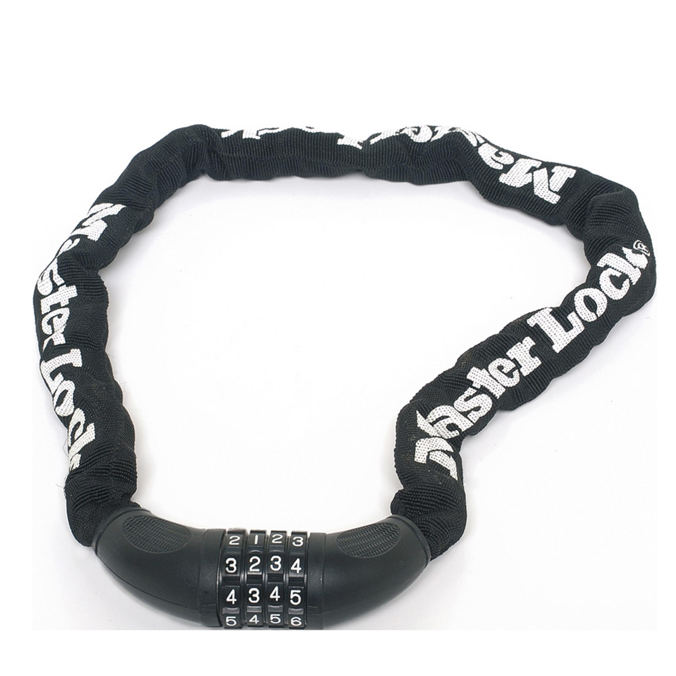 Schwarze Kette mit weißer Aufschrift „Master Lock“ und Zahlenschloss.
