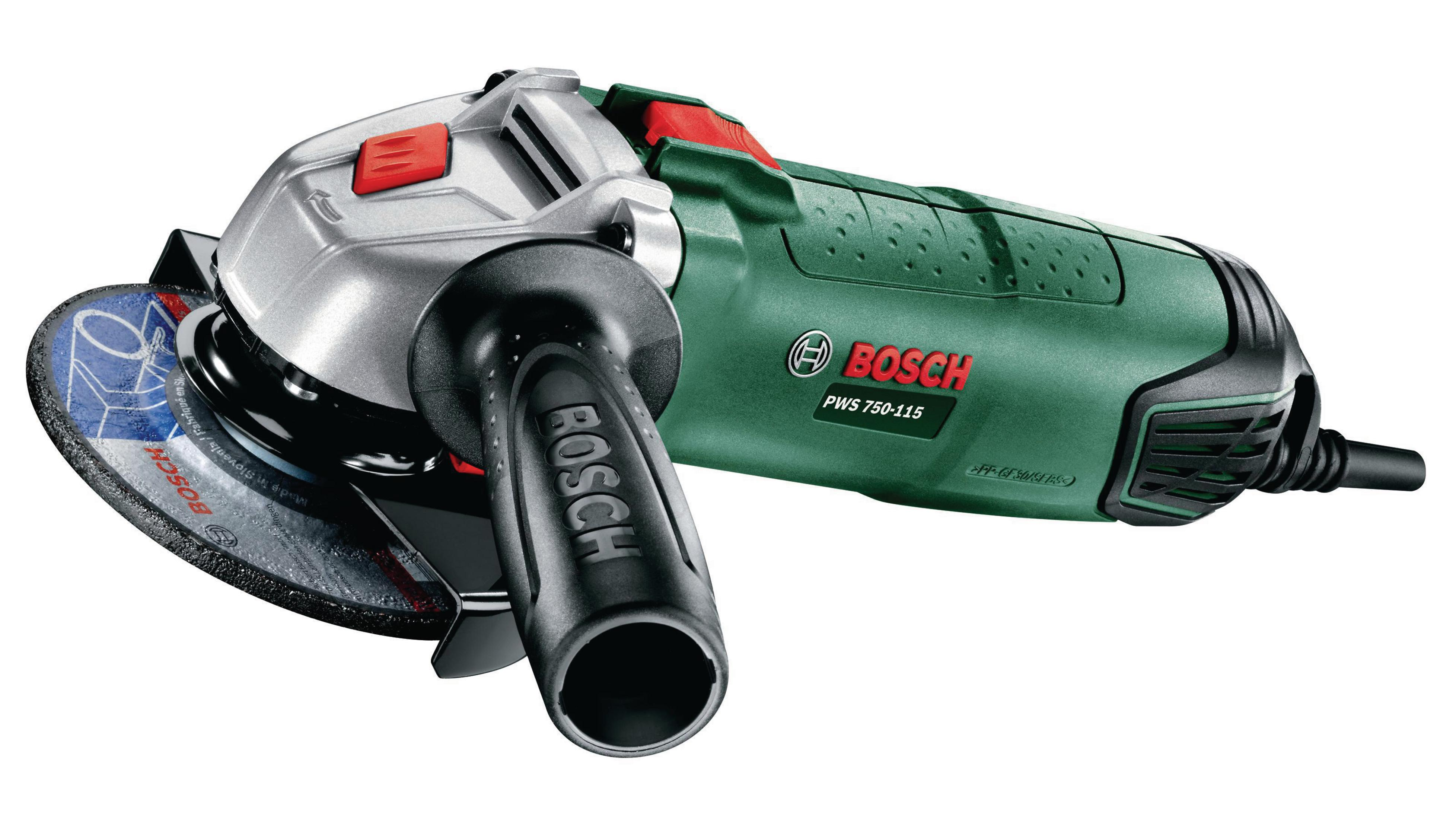 Bosch Winkelschleifer mit grünem Korpus, silbernem Kopf und schwarzem Griff. Trennscheibe montiert.
