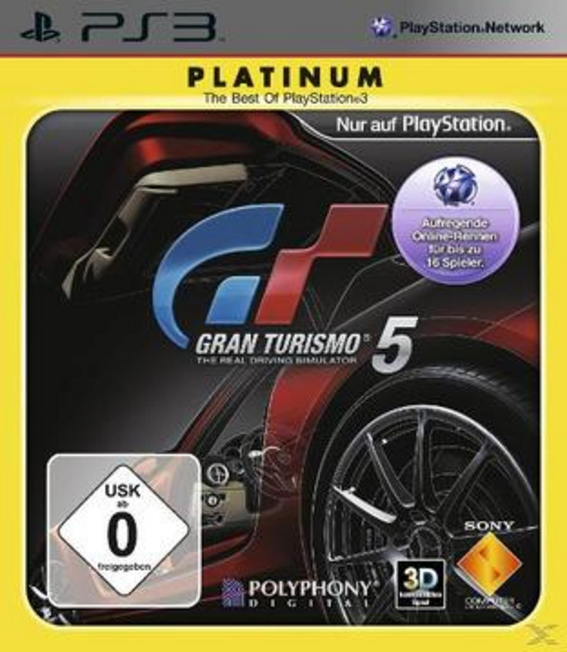 Gran Turismo 5 Platinum Edition für PS3 mit Auto-Motiv und USK-0-Siegel.