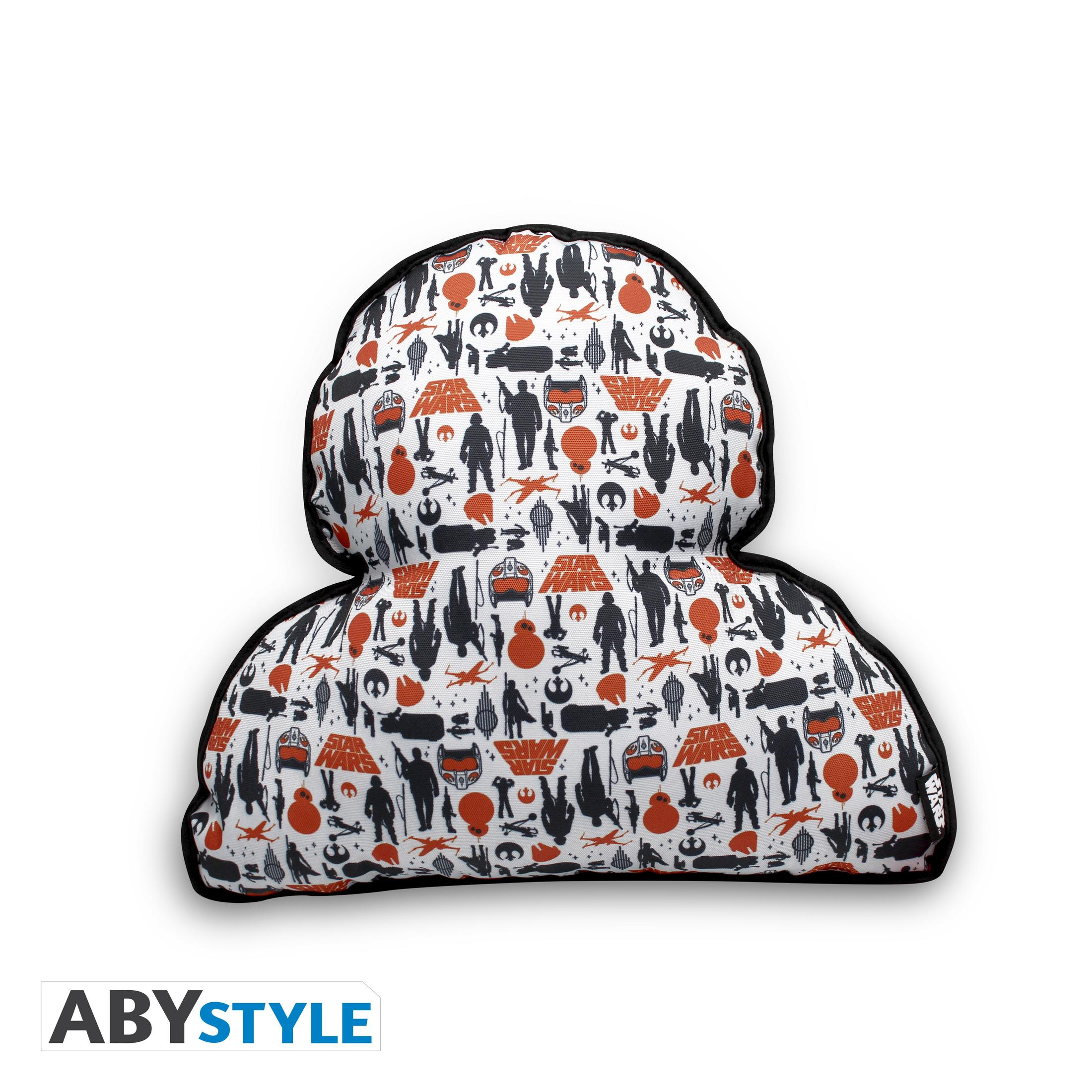 Ein weißes Kissen mit Star Wars-Motiven in Schwarz und Orange.
