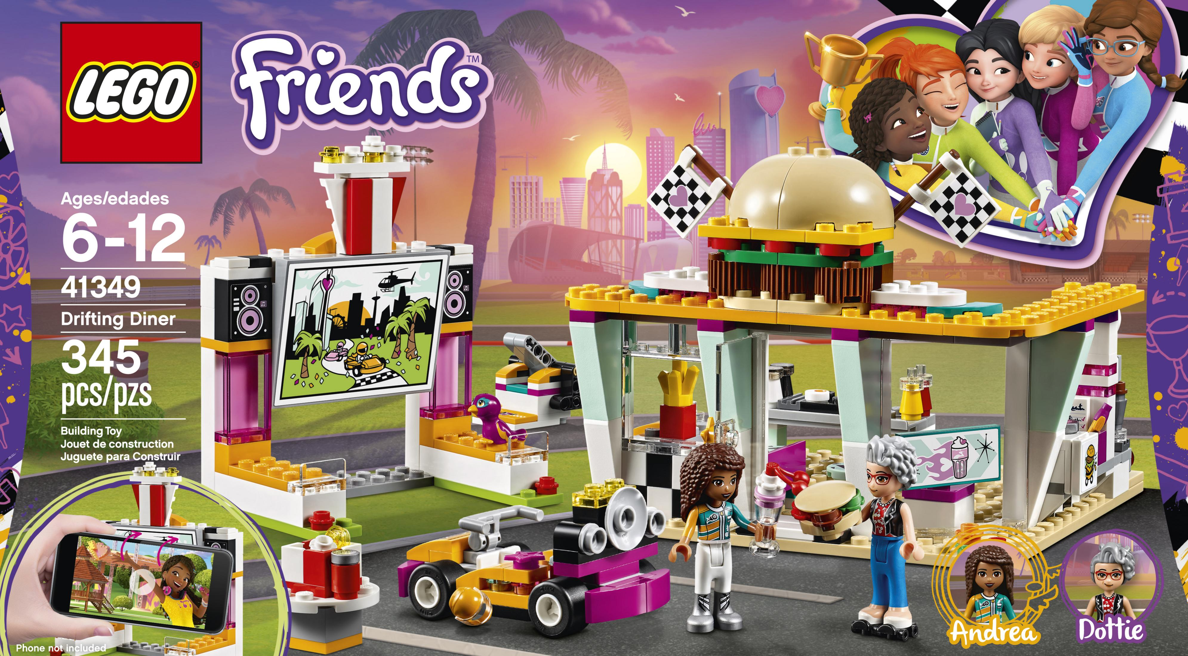 Giocattolo LEGO Friends Drifting Diner con figure, auto ed edificio.