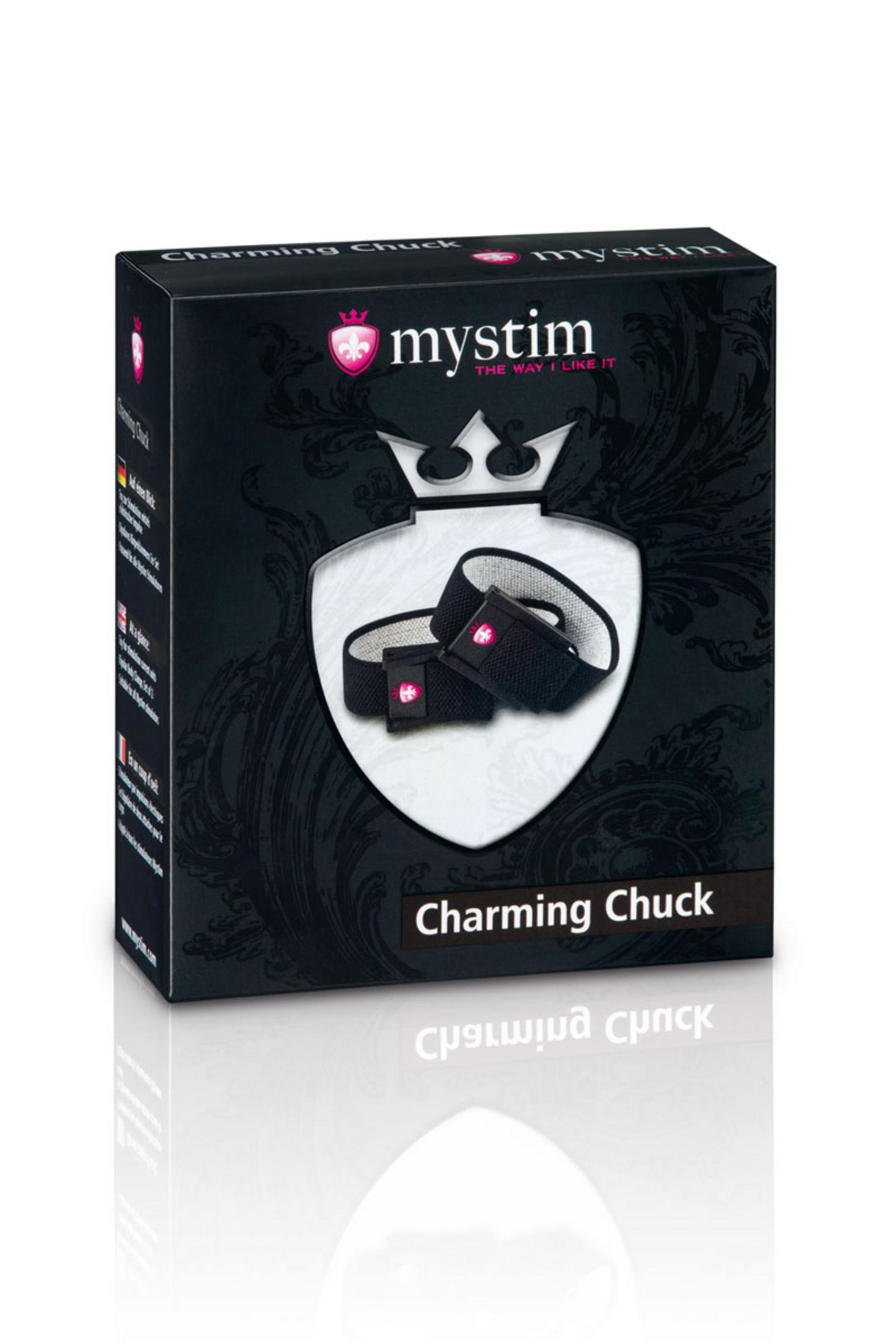 Schwarze mystim Charming Chuck Verpackung mit Produktabbildung.