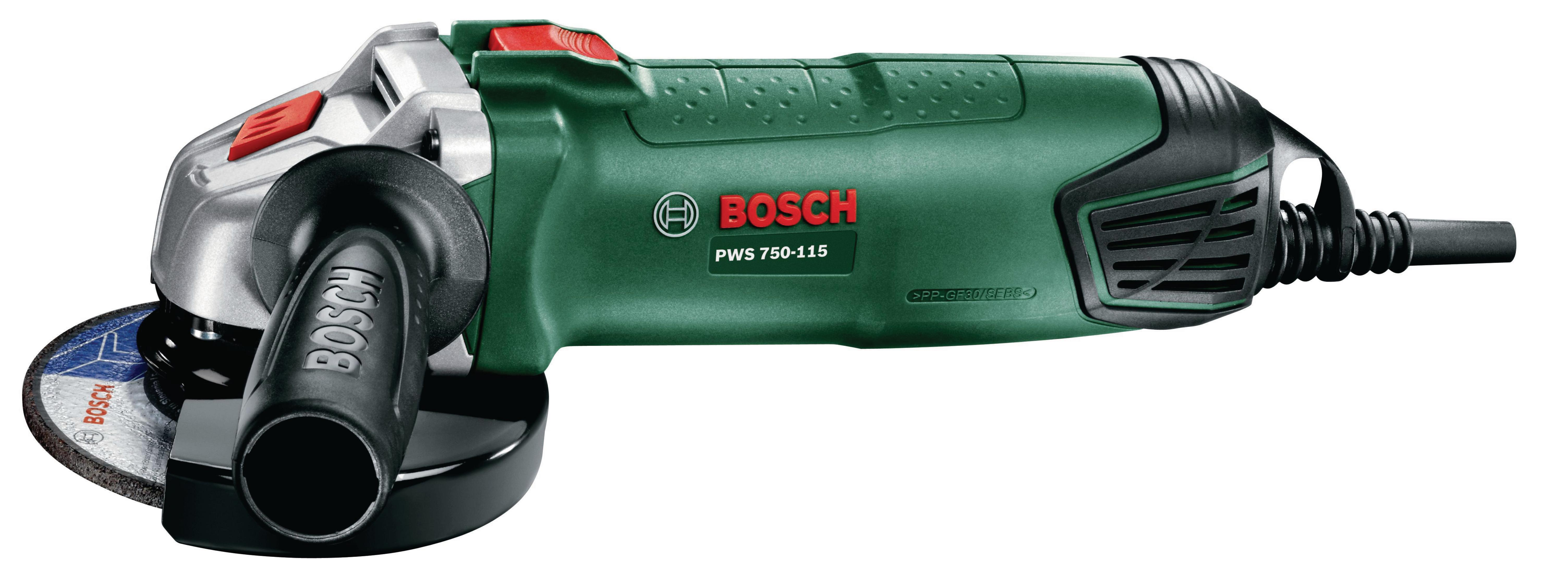 Grüner Bosch Winkelschleifer PWS 750-115 mit Trennscheibe und Griff.