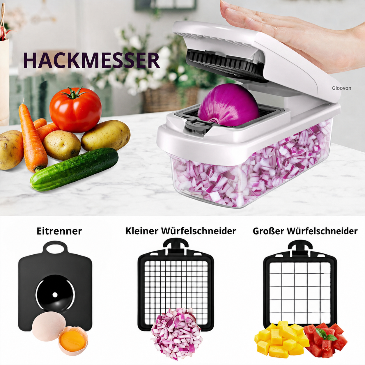 Küchengerät zum Zerkleinern von Zwiebeln, mit Zubehör für Eier und Gemüse.