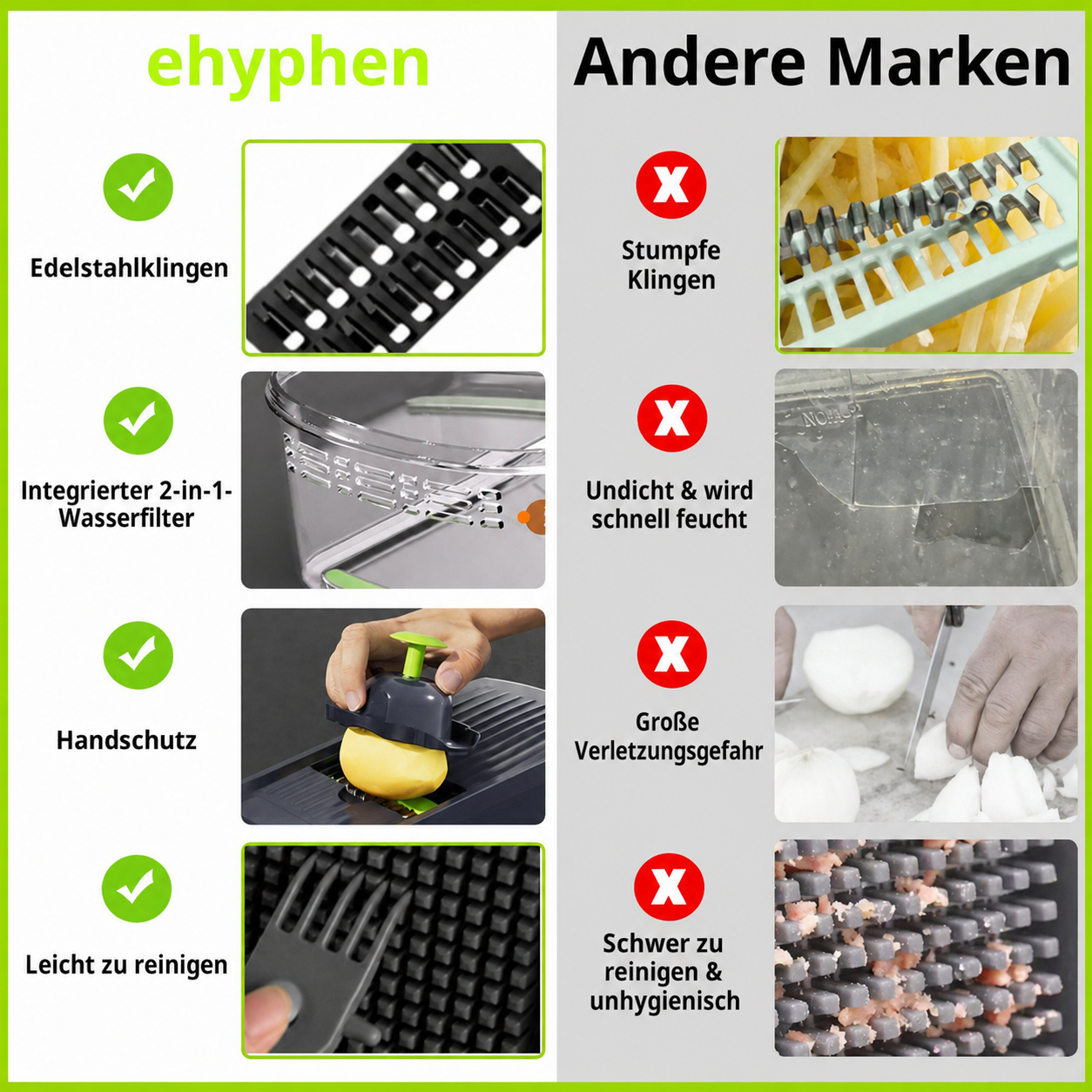 Vergleich von Küchenhobel-Marken: Edelstahlklingen, Filter, Handschutz, leichte Reinigung.