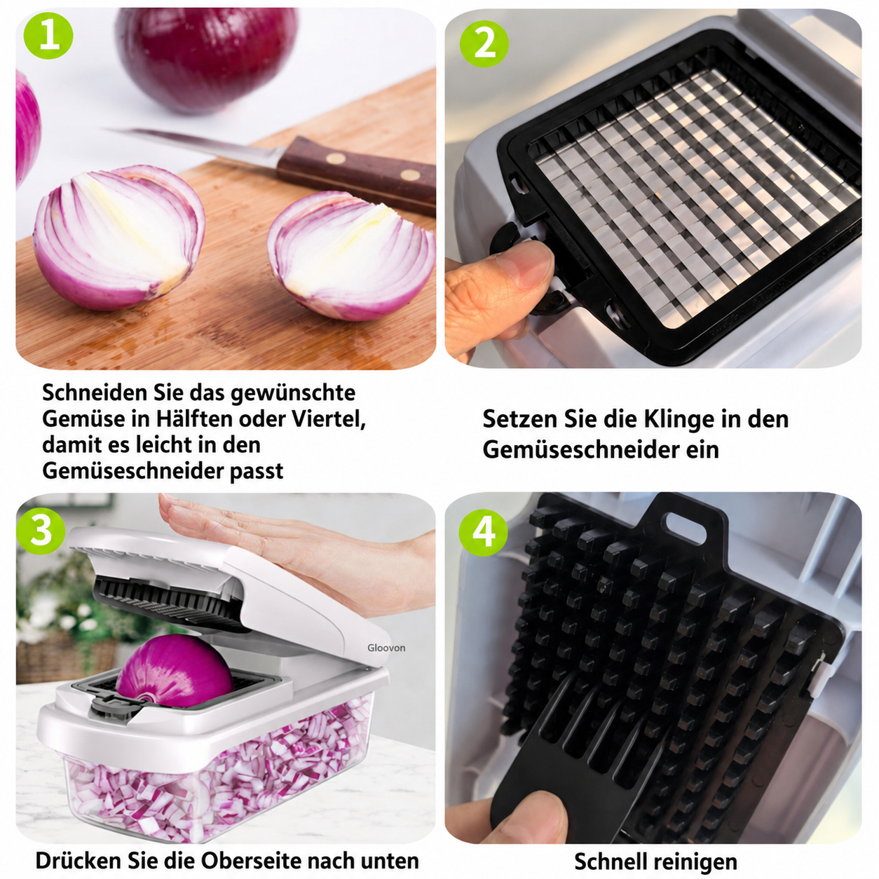 Vier Schritte: Zwiebel schneiden, Klinge einsetzen, Zwiebel pressen, reinigen.