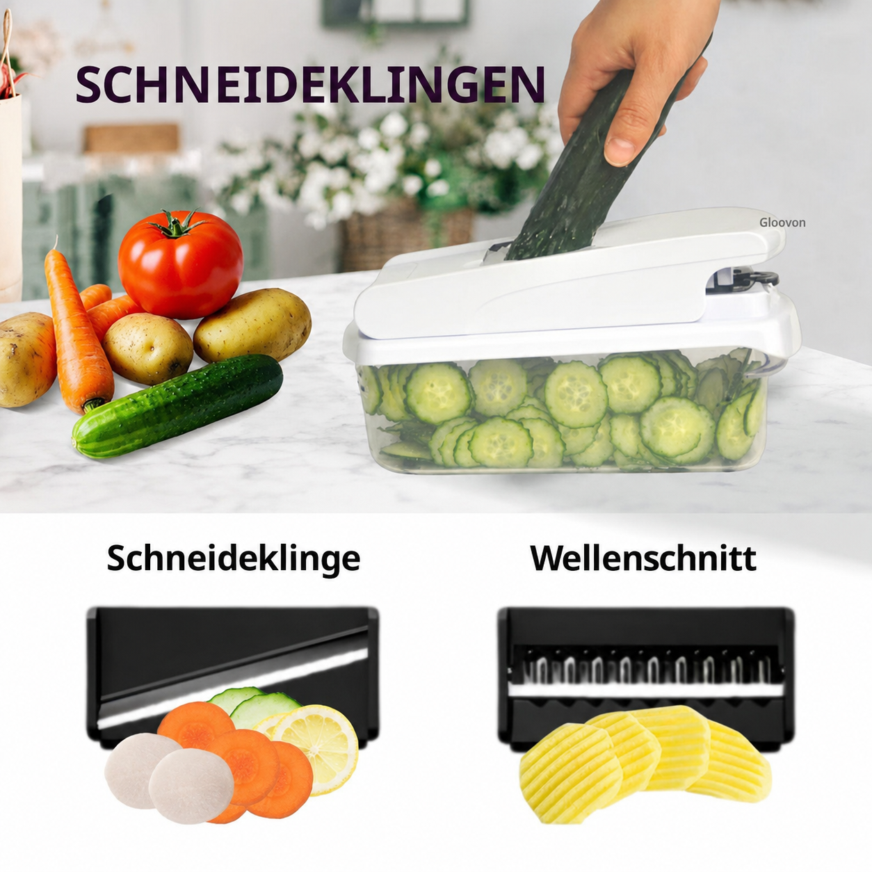 Gemüseschneider mit Gurken, Tomaten und Karotten. Unten: Scheiben von Karotten, Zitrone und Gurken.