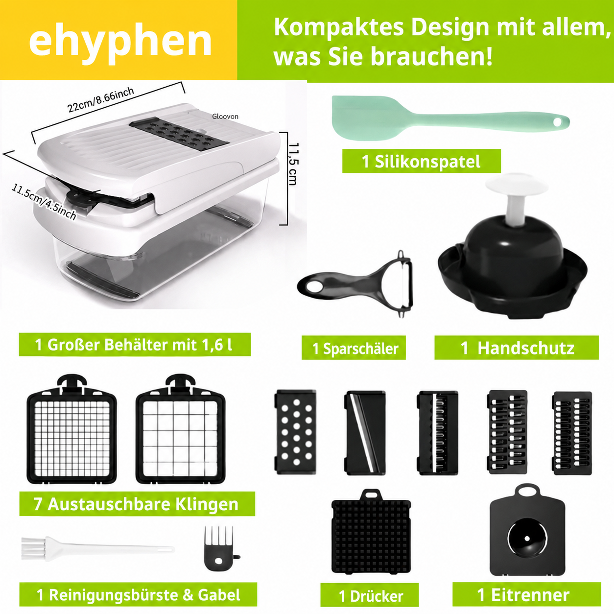 Küchenreibe mit Behälter, Silikonspatel, Sparschäler, Handschutz, Klingen, Bürste, Gabel, Drücker und Eitrenner.