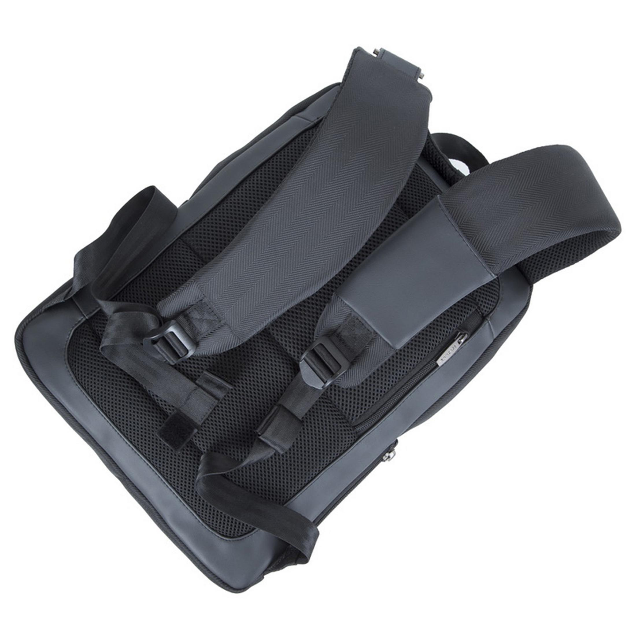Rückseite eines schwarzen Rucksacks mit gepolsterten Trägern und Mesh.