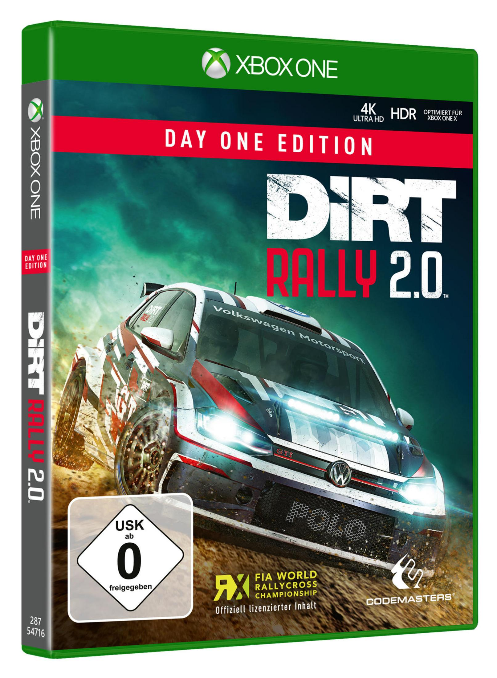 Xbox One Spiel "Dirt Rally 2.0 Day One Edition" mit Rennwagen und USK-Siegel.
