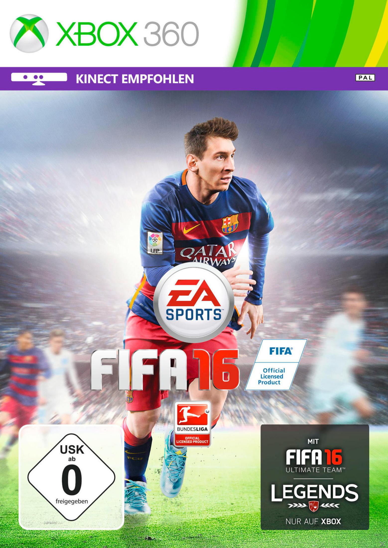 FIFA 16 Cover mit Lionel Messi auf Xbox 360, Kinect empfohlen.