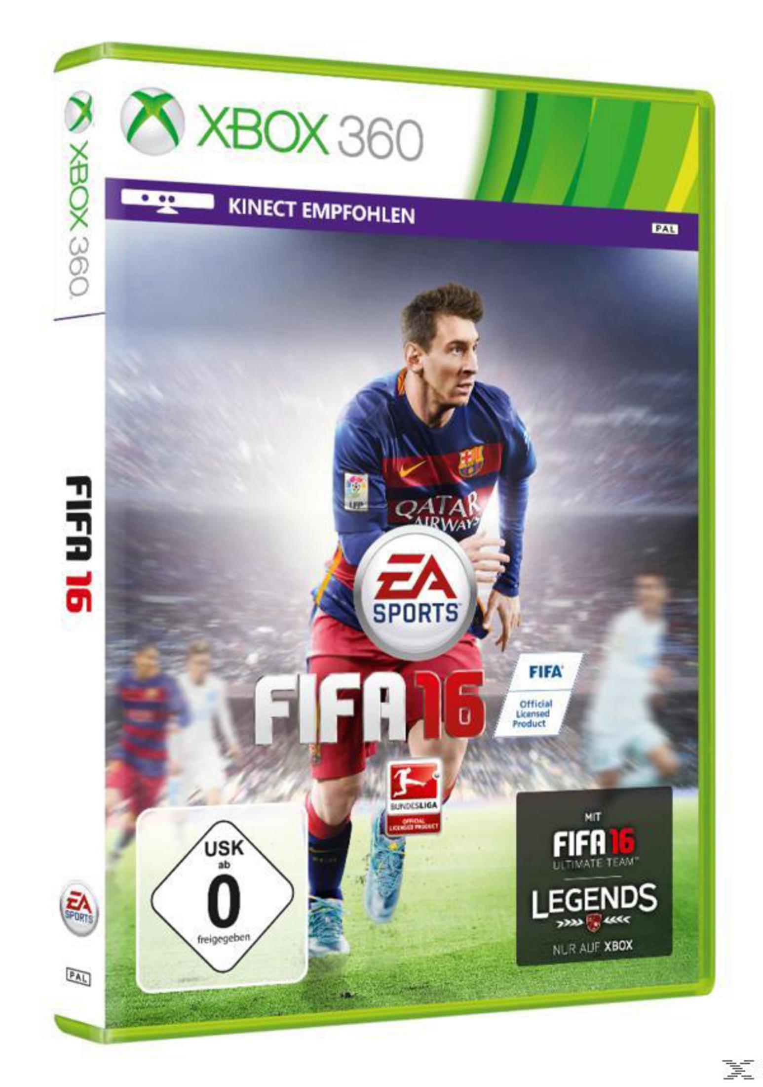 Xbox 360 FIFA 16 Hülle mit Lionel Messi, USK 0, Bundesliga & EA Sports Logos.