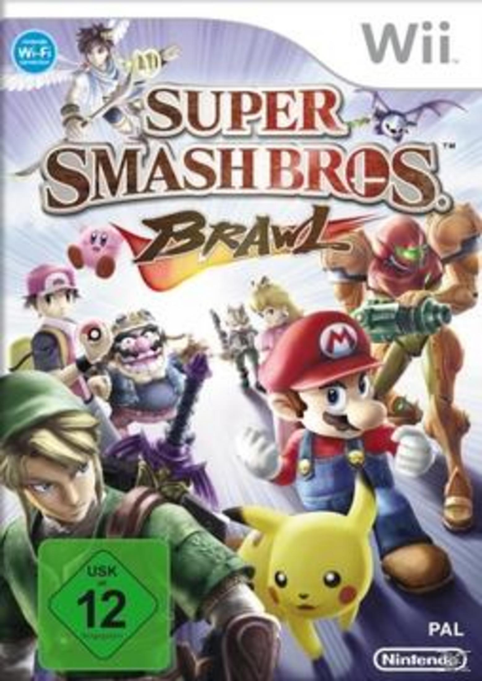 Super Smash Bros. Brawl Cover: Charaktere wie Mario, Link, Pikachu, Samus, Wario, Kirby.