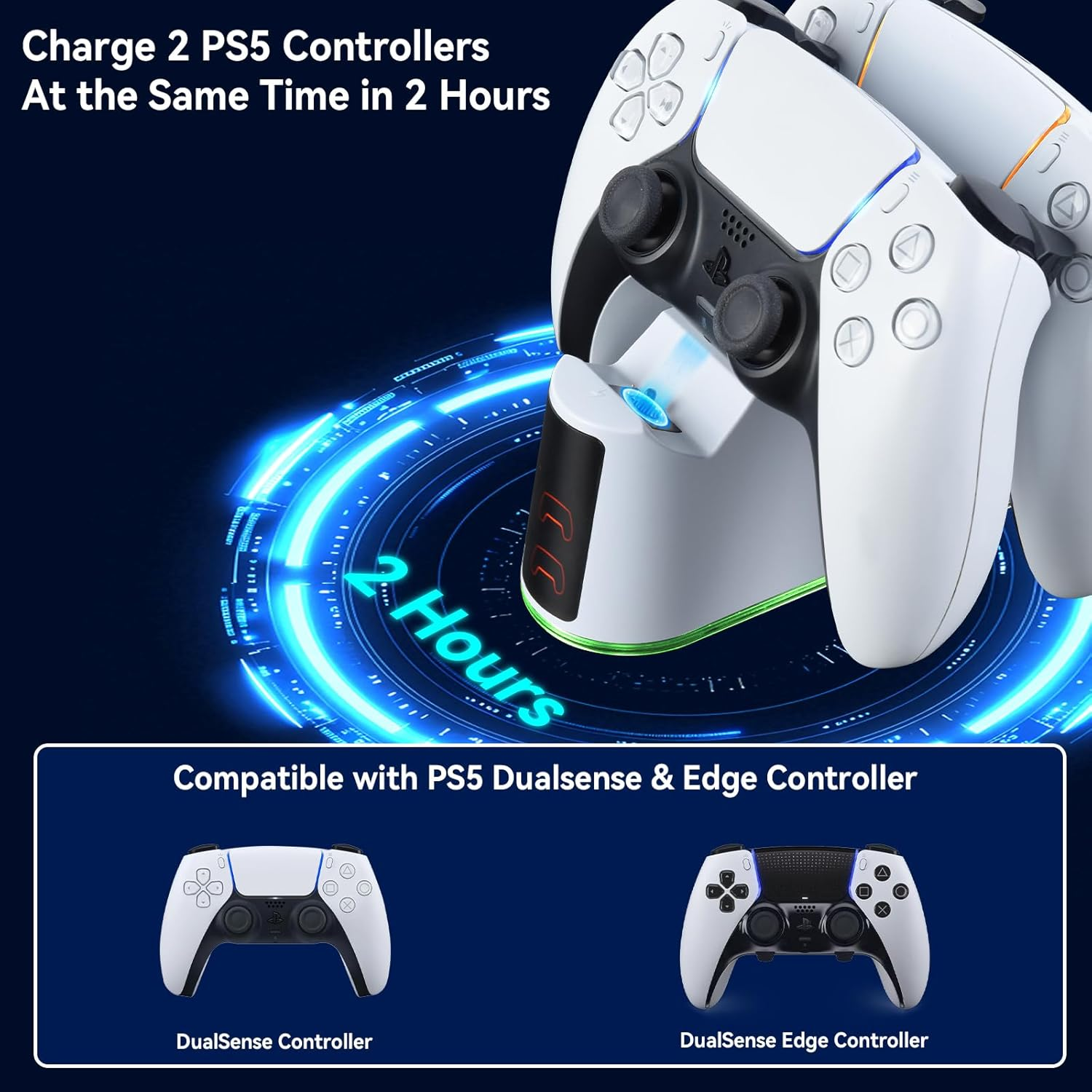 Ladestation für 2 PS5-Controller, lädt beide in 2 Stunden. Zeigt DualSense und Edge Controller.